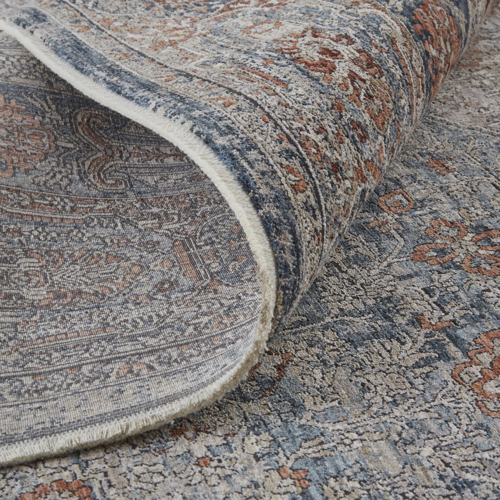 12" Gray Ivory and Orange Oriental Power Loom Worn Faded Runner Rug With Fringe
