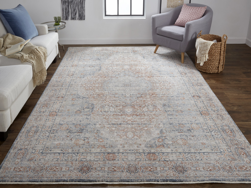 12" Gray Ivory and Orange Oriental Power Loom Worn Faded Runner Rug With Fringe