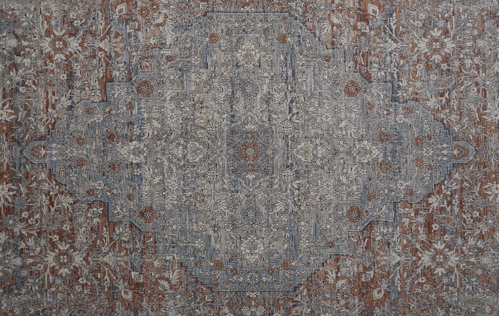 12" Gray Ivory and Orange Oriental Power Loom Worn Faded Runner Rug With Fringe