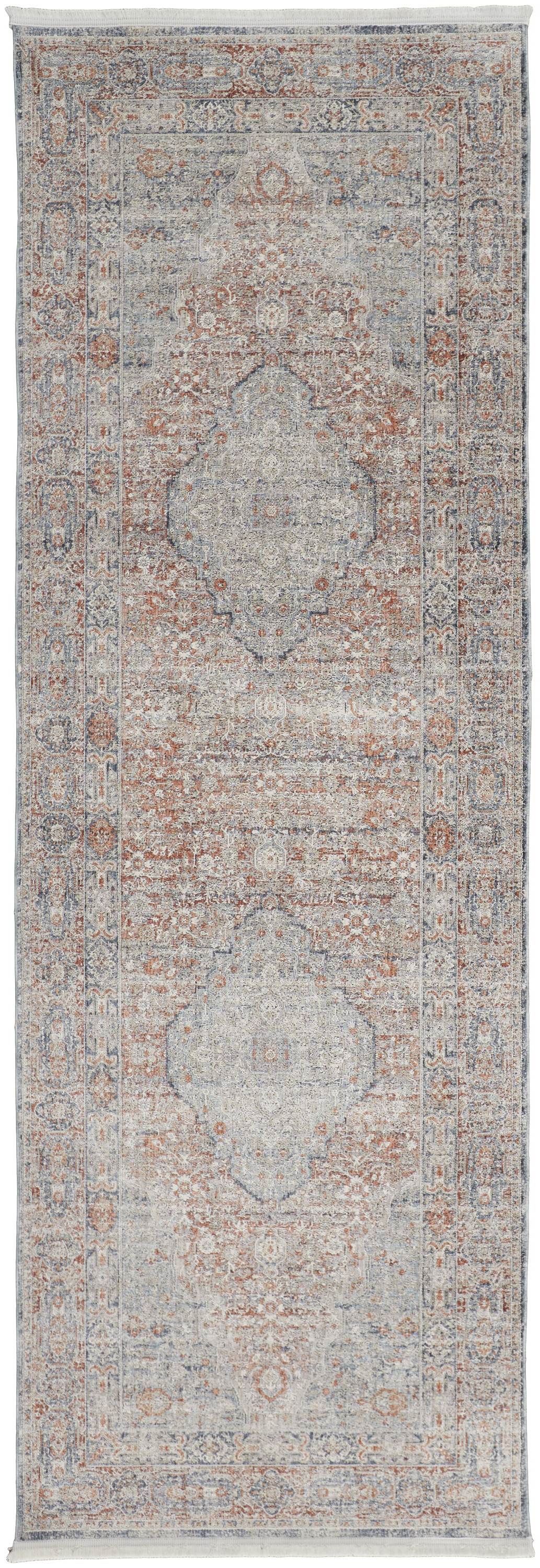 12" Gray Ivory and Orange Oriental Power Loom Worn Faded Runner Rug With Fringe