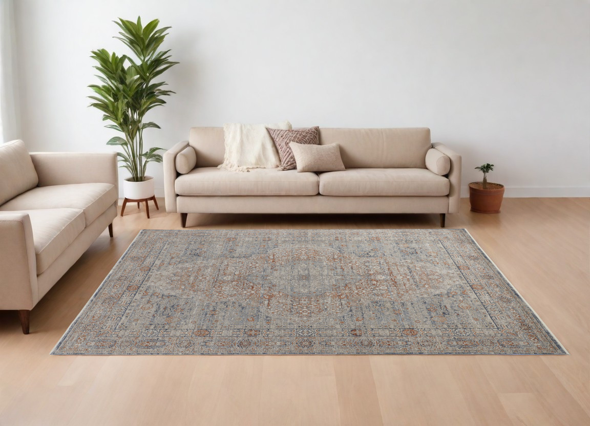 12' X 15' Gray Ivory and Orange Oriental Power Loom Worn Faded Area Rug With Fringe-567478-1