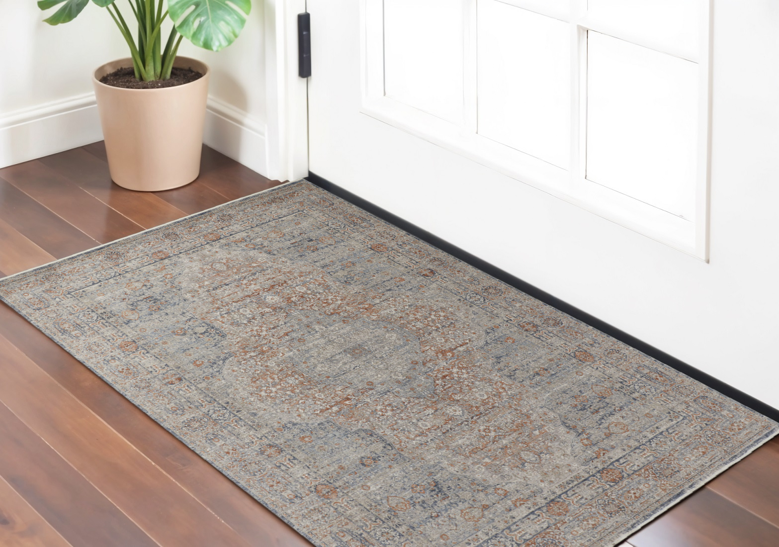 2' X 3' Gray Ivory and Orange Oriental Power Loom Worn Faded Area Rug With Fringe-567479-1
