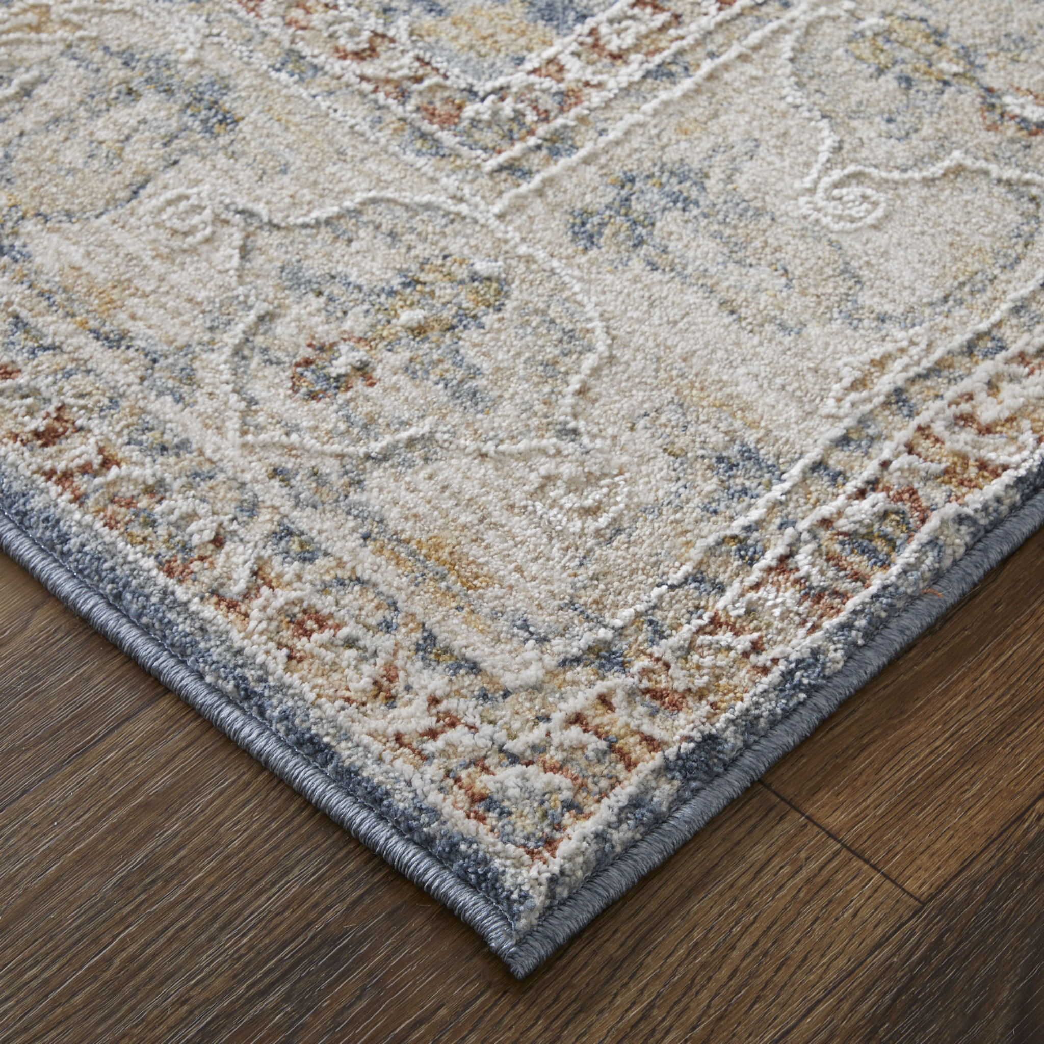 8" X 10" Taupe and Blue Ikat Power Loom Worn Faded Area Rug With Fringe