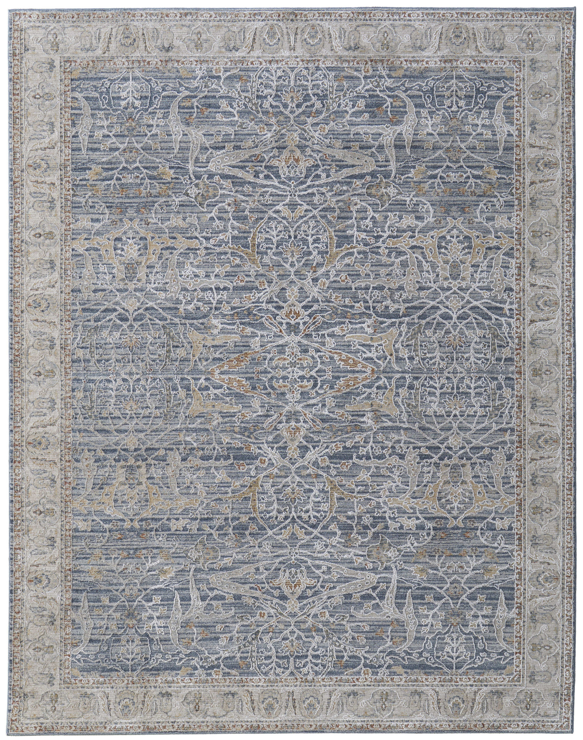 9" X 13" Taupe and Blue Ikat Power Loom Worn Faded Area Rug With Fringe