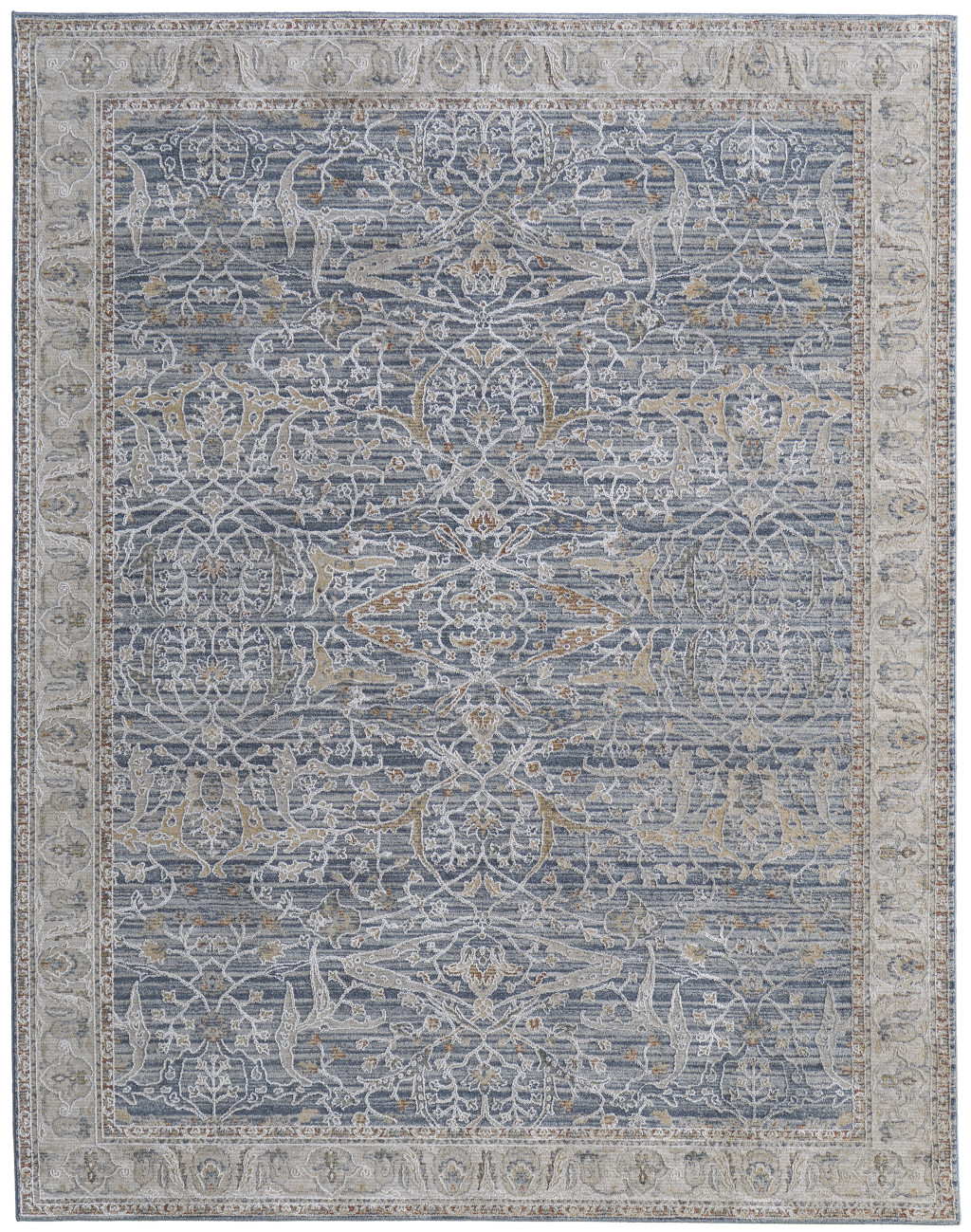 9" X 13" Taupe and Blue Ikat Power Loom Worn Faded Area Rug With Fringe