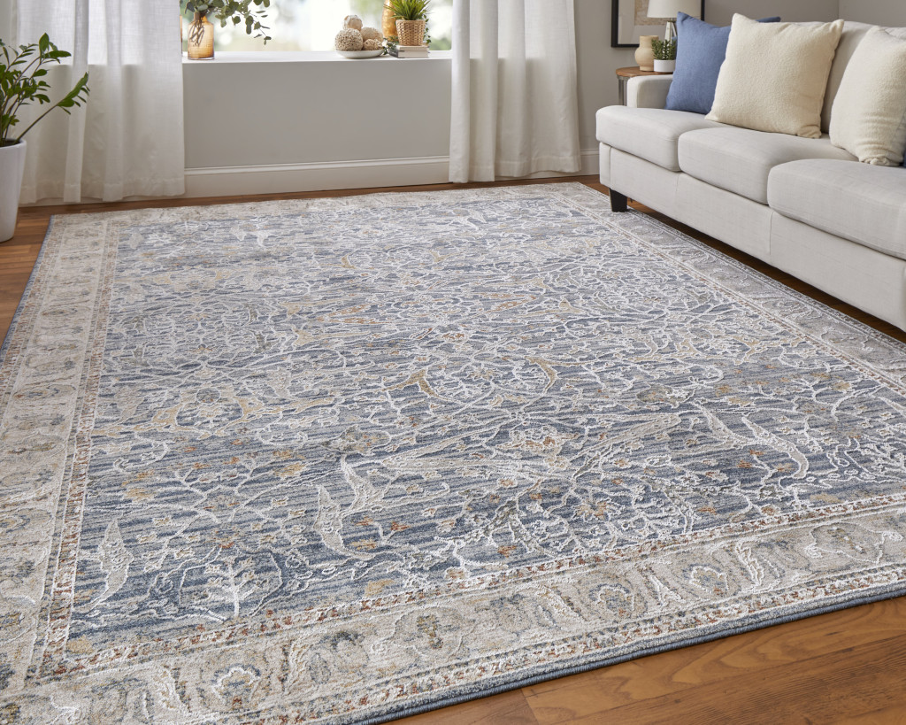 2" X 3" Taupe and Blue Ikat Power Loom Worn Faded Area Rug With Fringe