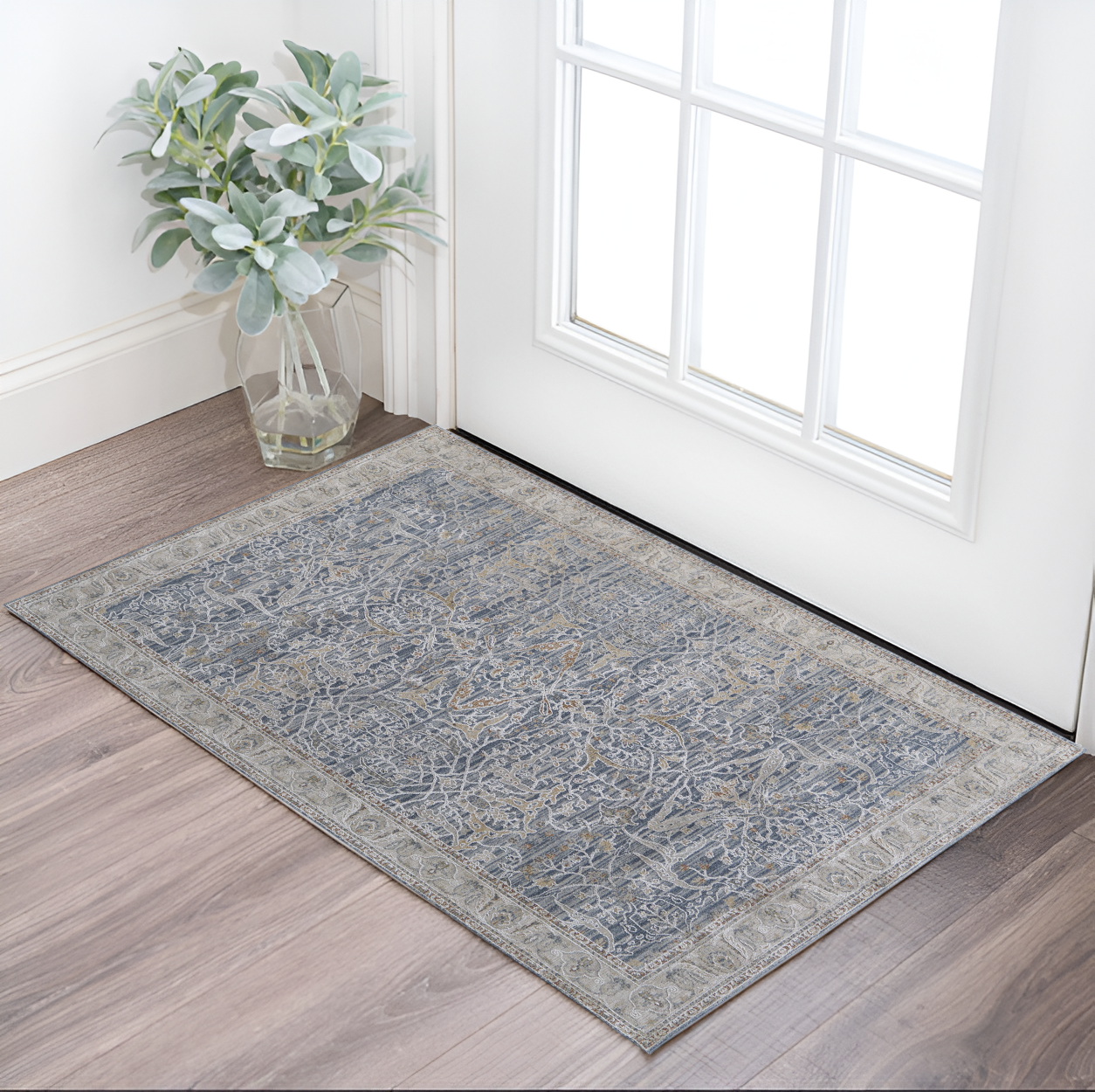 2" X 3" Taupe and Blue Ikat Power Loom Worn Faded Area Rug With Fringe