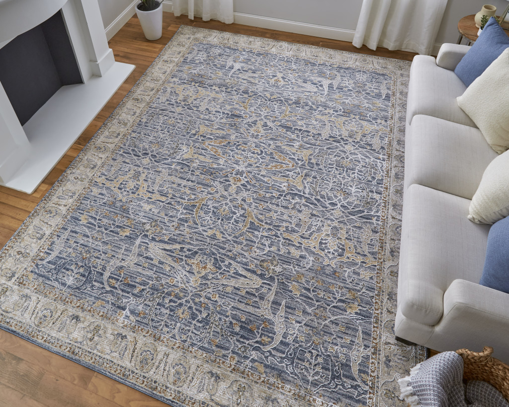 2" X 3" Taupe and Blue Ikat Power Loom Worn Faded Area Rug With Fringe