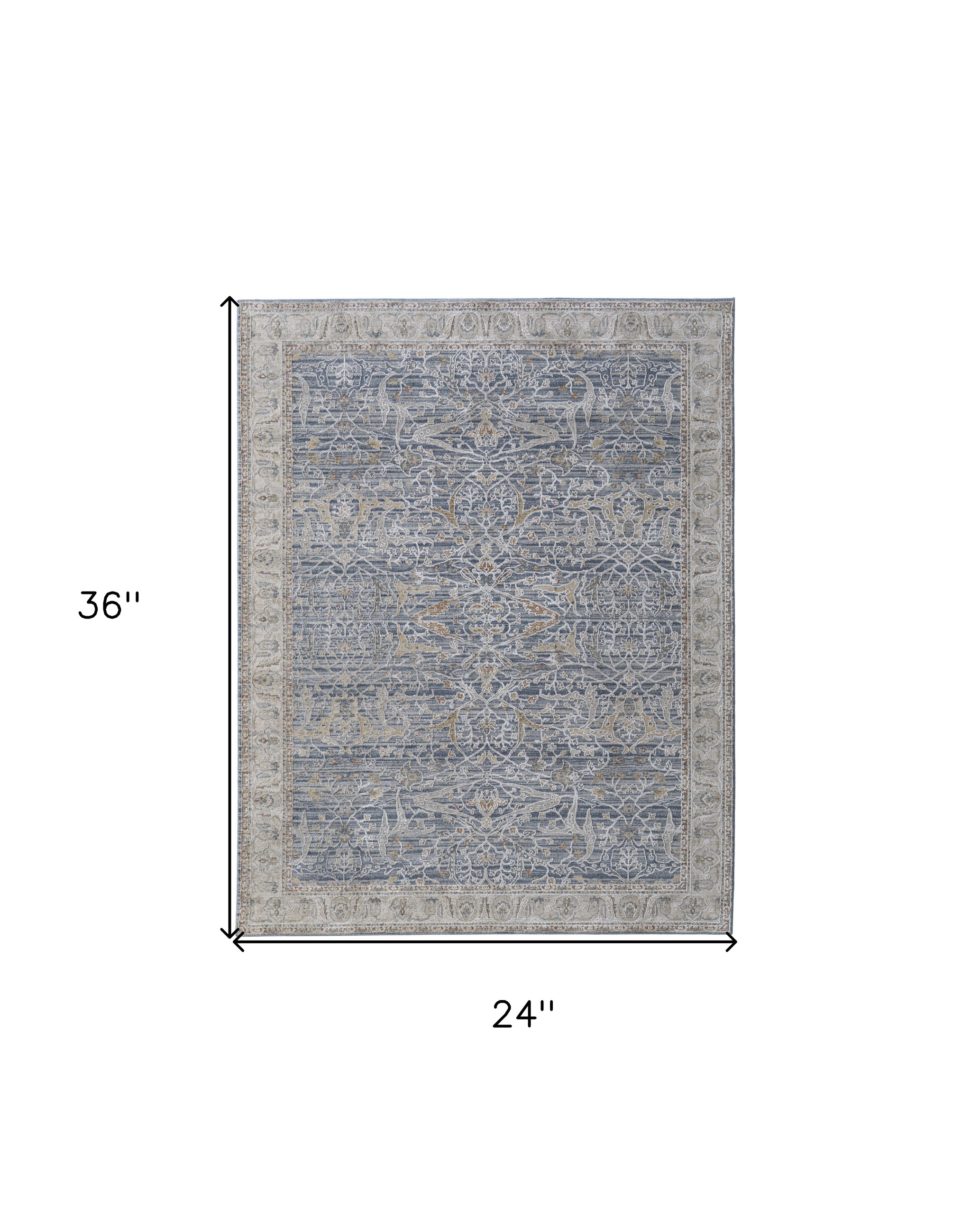 2" X 3" Taupe and Blue Ikat Power Loom Worn Faded Area Rug With Fringe