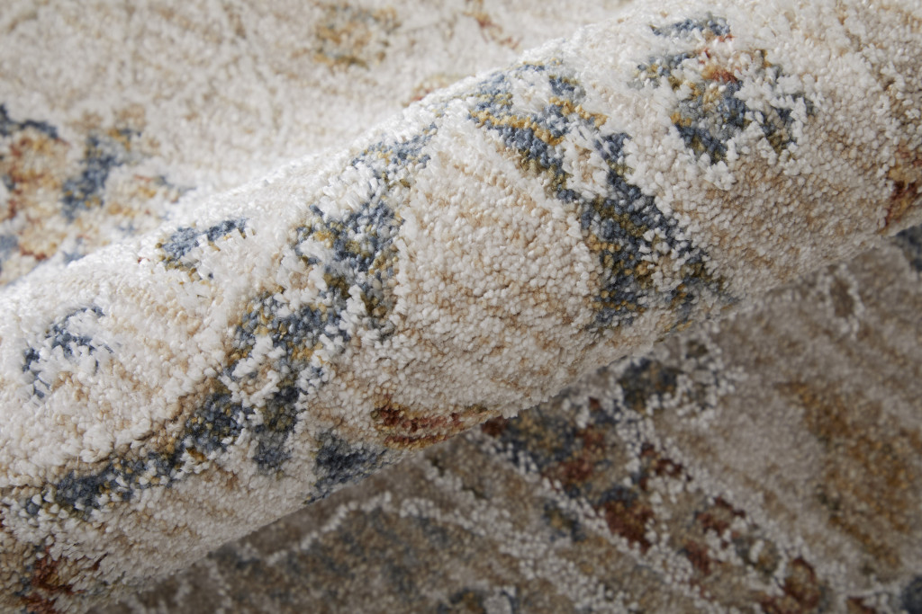 5" X 8" Gray Blue and Red Ikat Power Loom Worn Faded Area Rug With Fringe