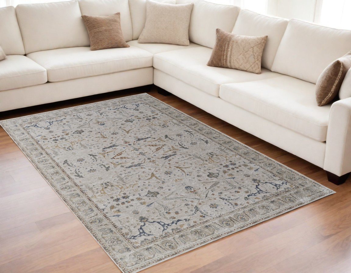 5" X 8" Gray Blue and Red Ikat Power Loom Worn Faded Area Rug With Fringe