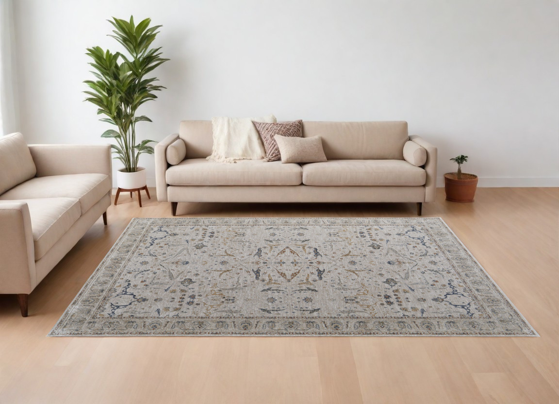 7" X 10" Gray Blue and Red Ikat Power Loom Worn Faded Area Rug With Fringe