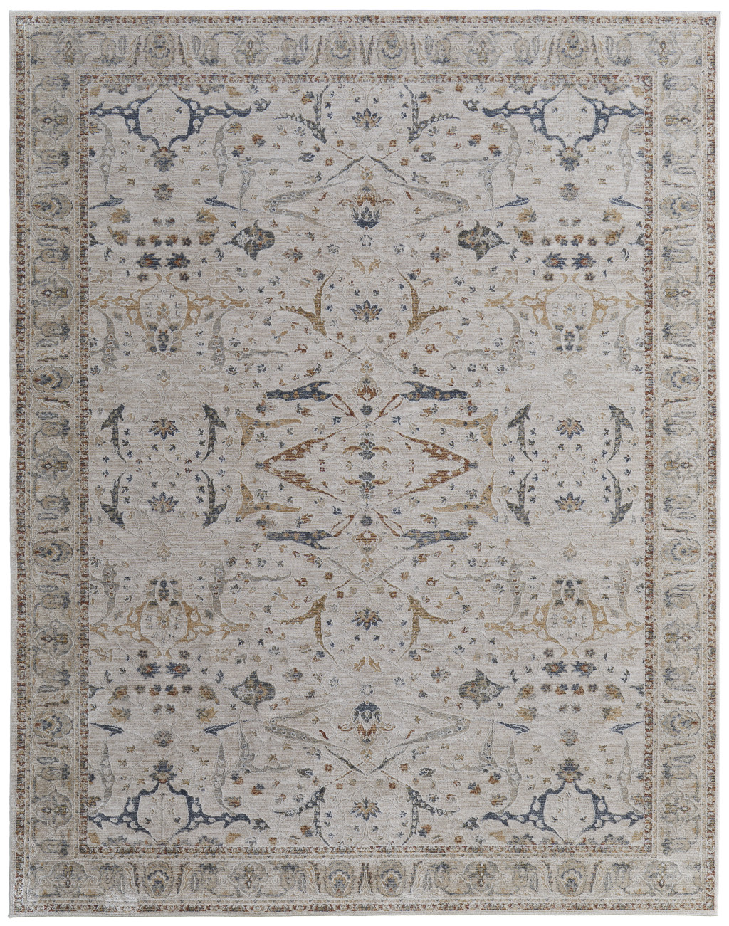 9" X 13" Gray Blue and Red Ikat Power Loom Worn Faded Area Rug With Fringe