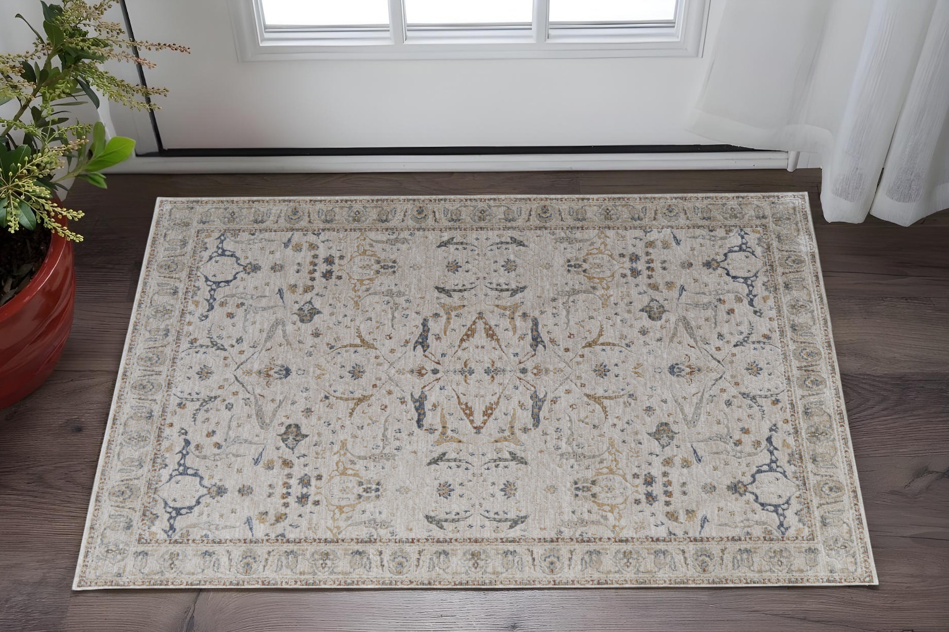 2" X 3" Gray Blue and Red Ikat Power Loom Worn Faded Area Rug With Fringe