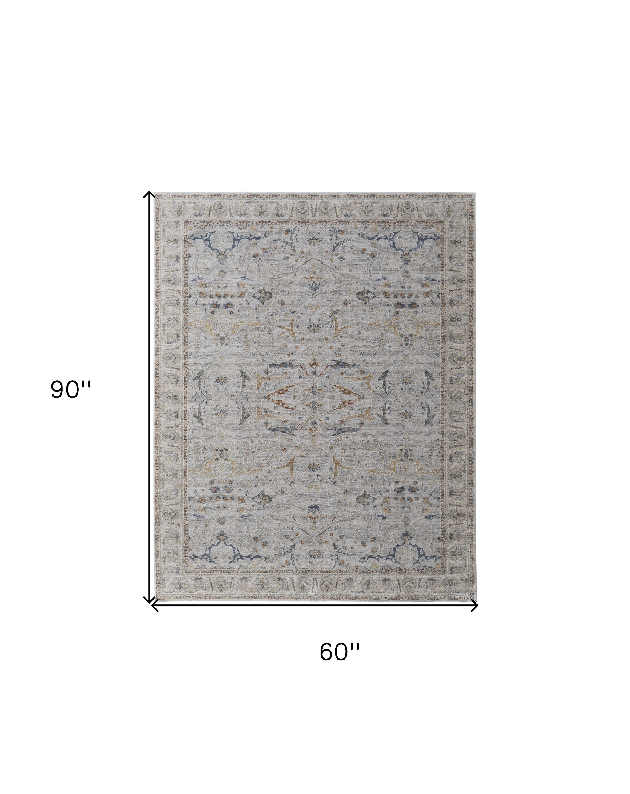 5" X 8" Gray Blue and Red Ikat Power Loom Worn Faded Area Rug With Fringe