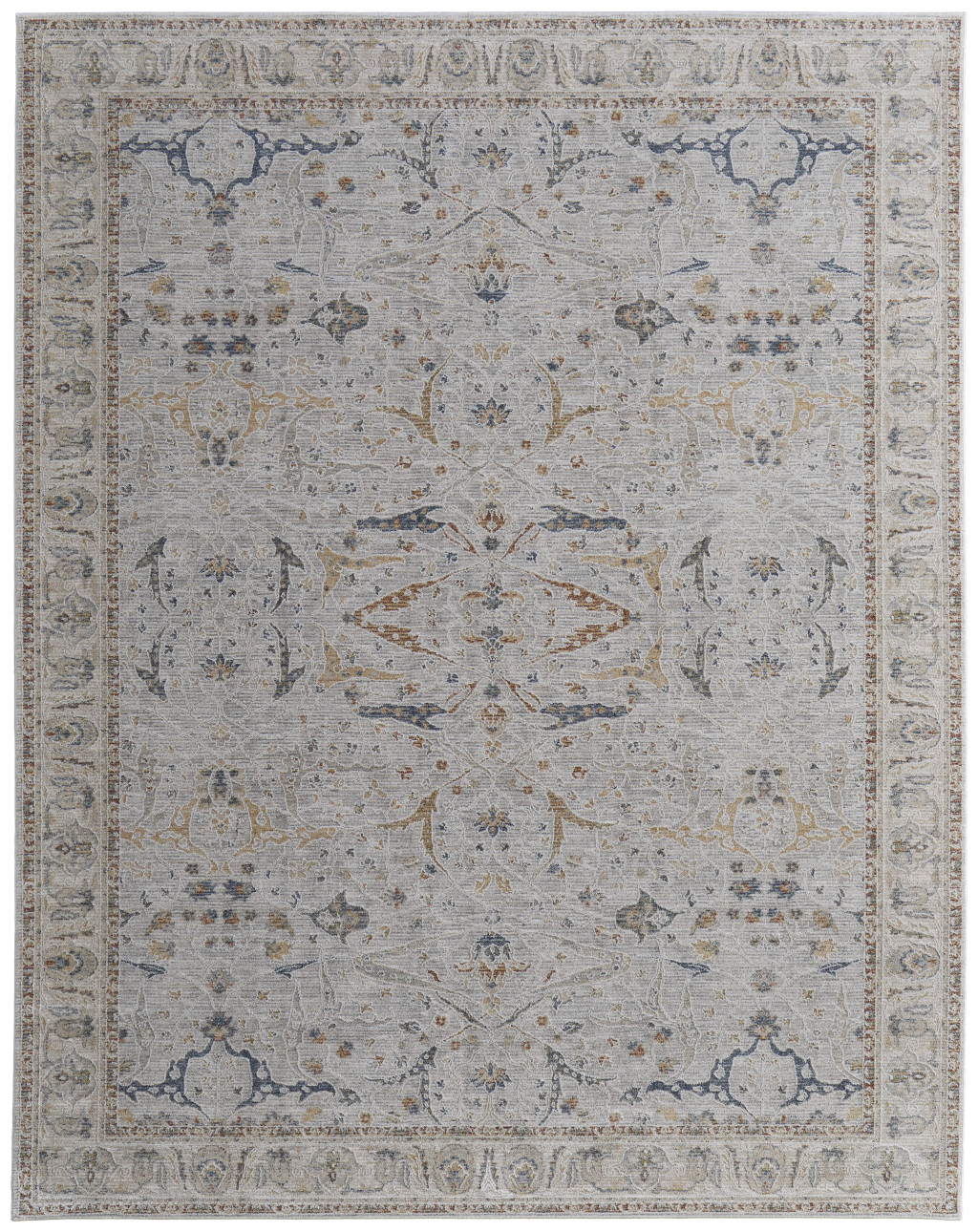 8" X 10" Gray Blue and Red Ikat Power Loom Worn Faded Area Rug With Fringe