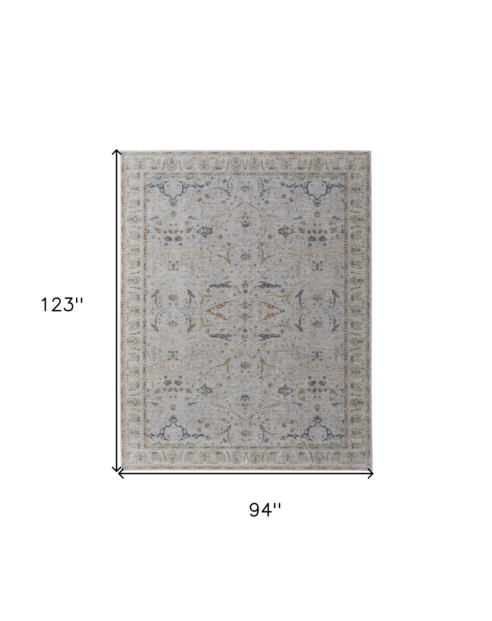 8" X 10" Gray Blue and Red Ikat Power Loom Worn Faded Area Rug With Fringe