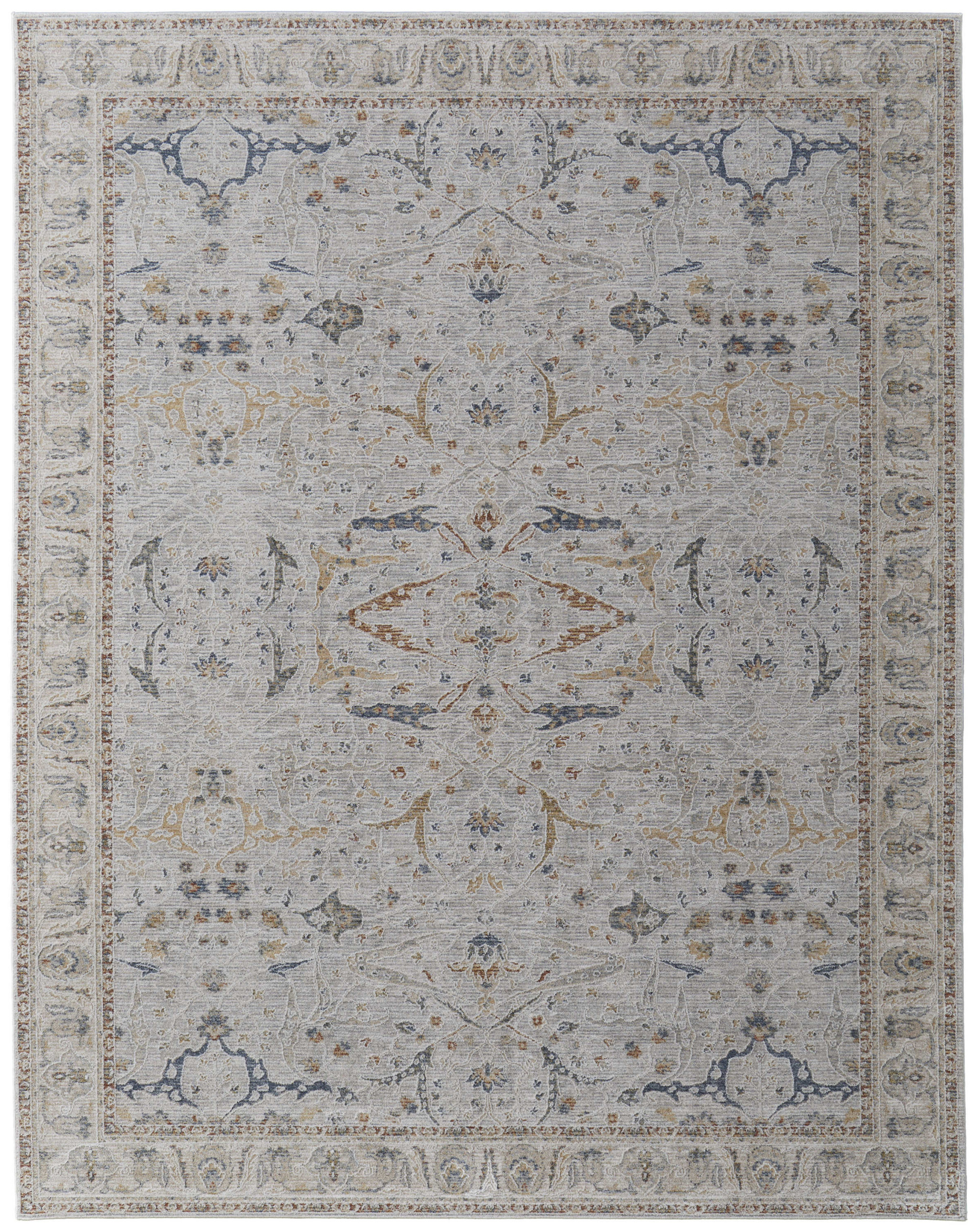 8" X 10" Gray Blue and Red Ikat Power Loom Worn Faded Area Rug With Fringe