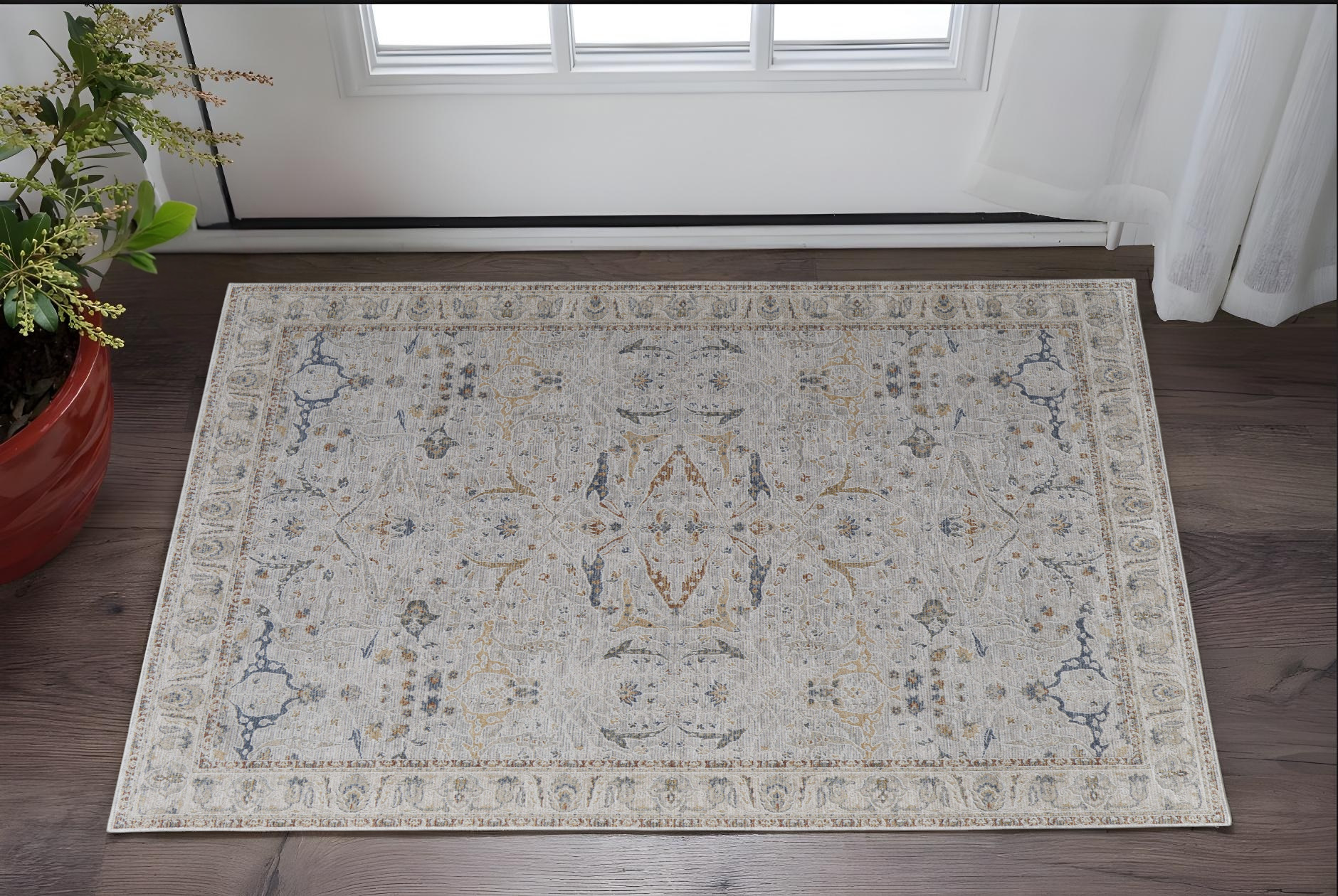 2" X 3" Ivory Taupe and Blue Ikat Power Loom Worn Faded Area Rug With Fringe