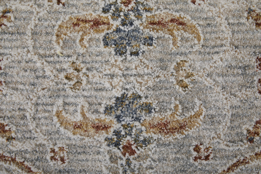 2" X 3" Ivory Taupe and Blue Ikat Power Loom Worn Faded Area Rug With Fringe