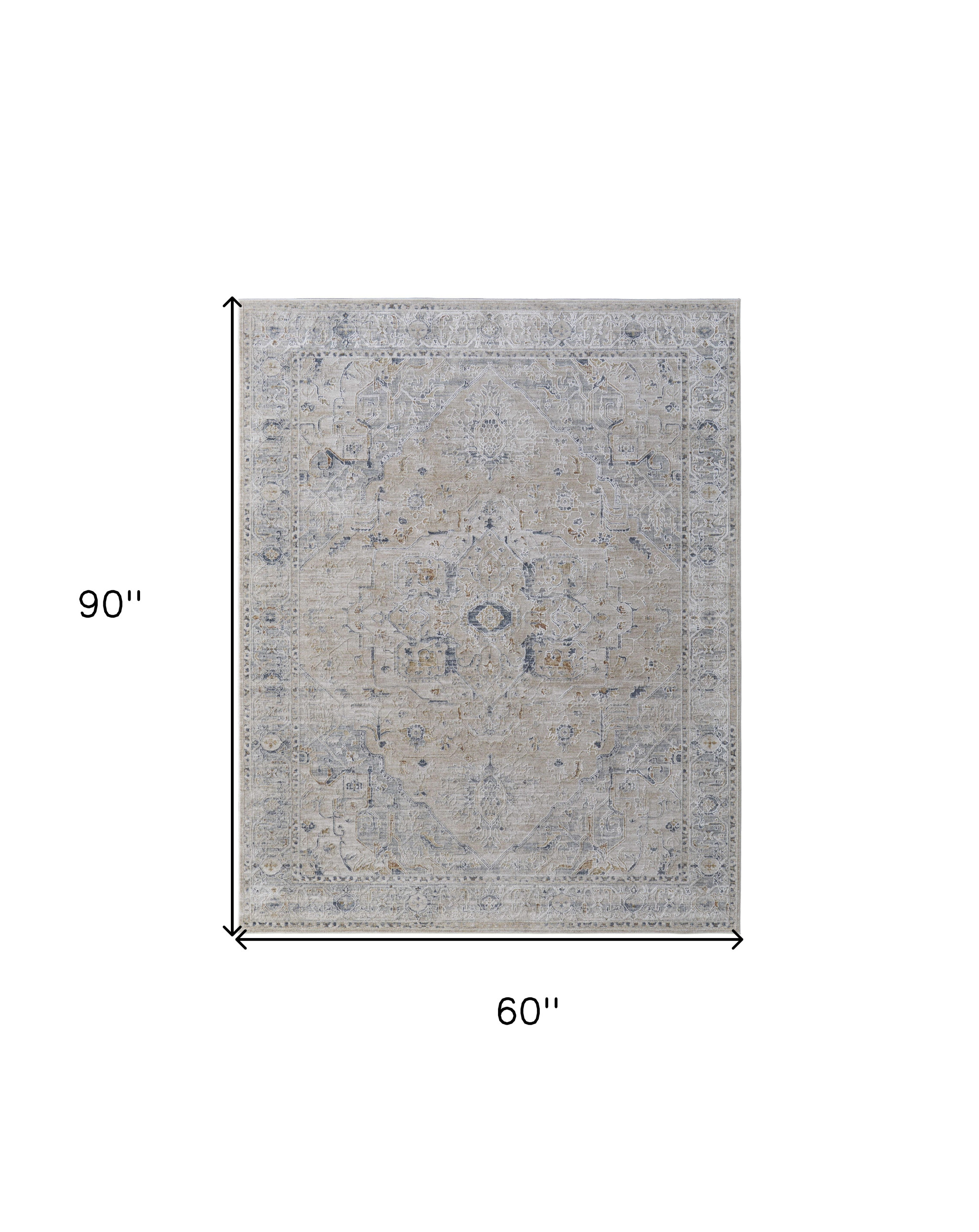 5" X 8" Ivory Taupe and Blue Oriental Power Loom Worn Faded Area Rug With Fringe
