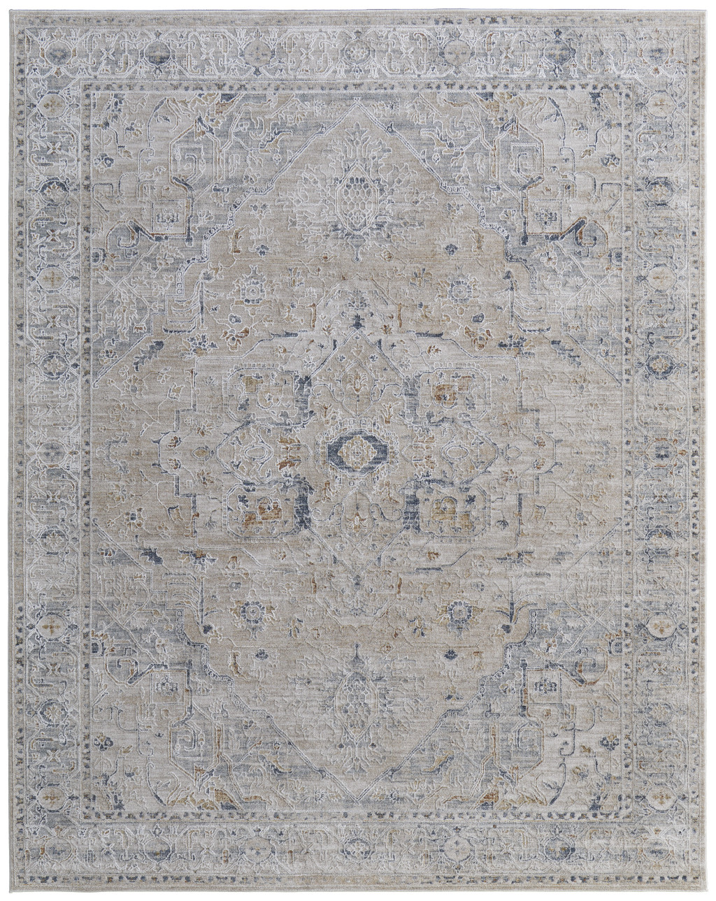 7" X 10" Ivory Taupe and Blue Oriental Power Loom Worn Faded Area Rug With Fringe