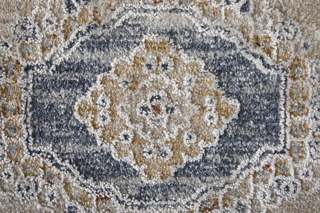 7" X 10" Ivory Taupe and Blue Oriental Power Loom Worn Faded Area Rug With Fringe