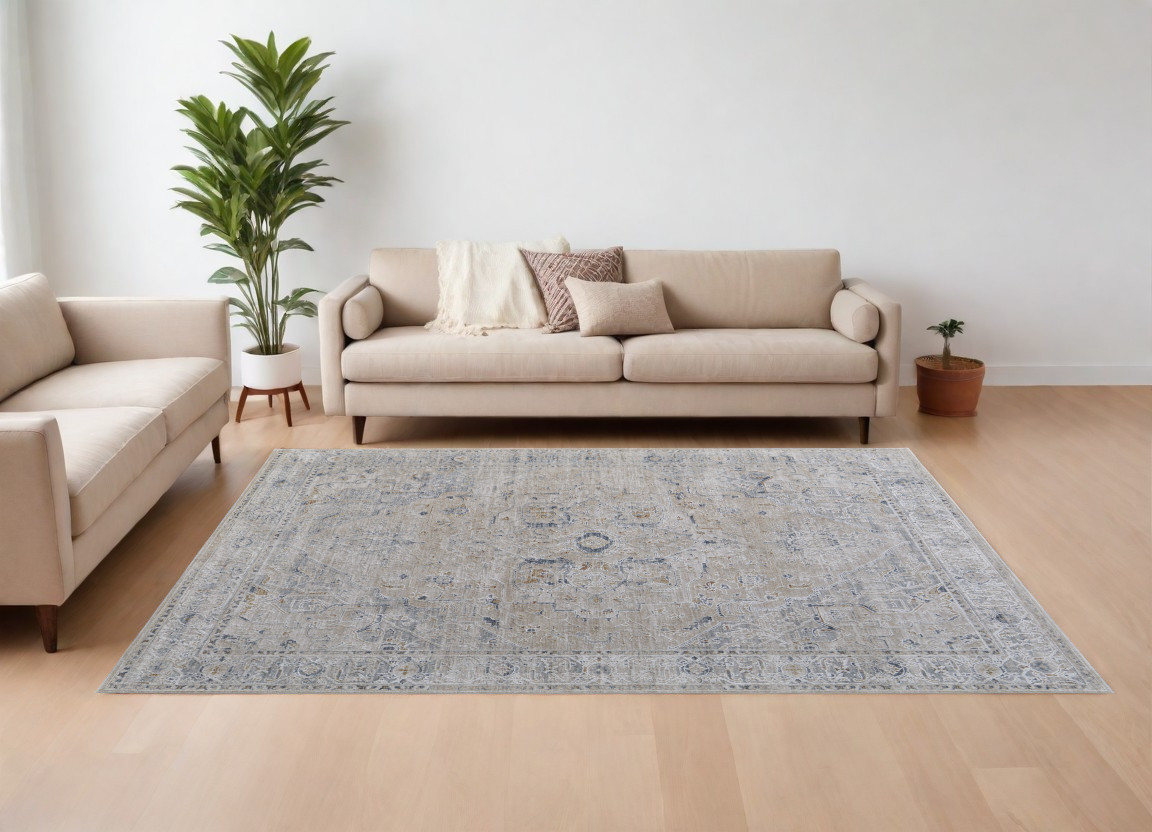 7" X 10" Ivory Taupe and Blue Oriental Power Loom Worn Faded Area Rug With Fringe