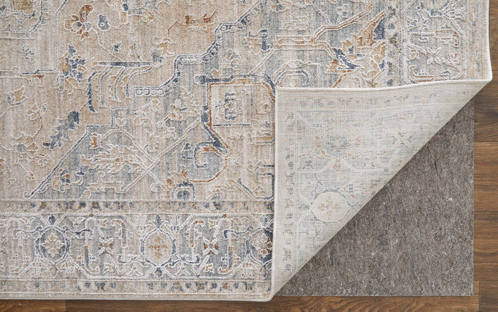 7" X 10" Ivory Taupe and Blue Oriental Power Loom Worn Faded Area Rug With Fringe