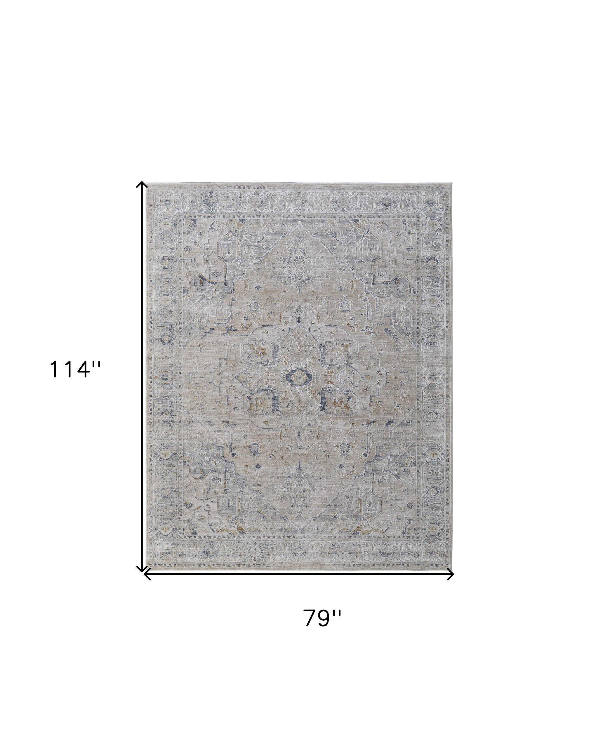 7" X 10" Ivory Taupe and Blue Oriental Power Loom Worn Faded Area Rug With Fringe