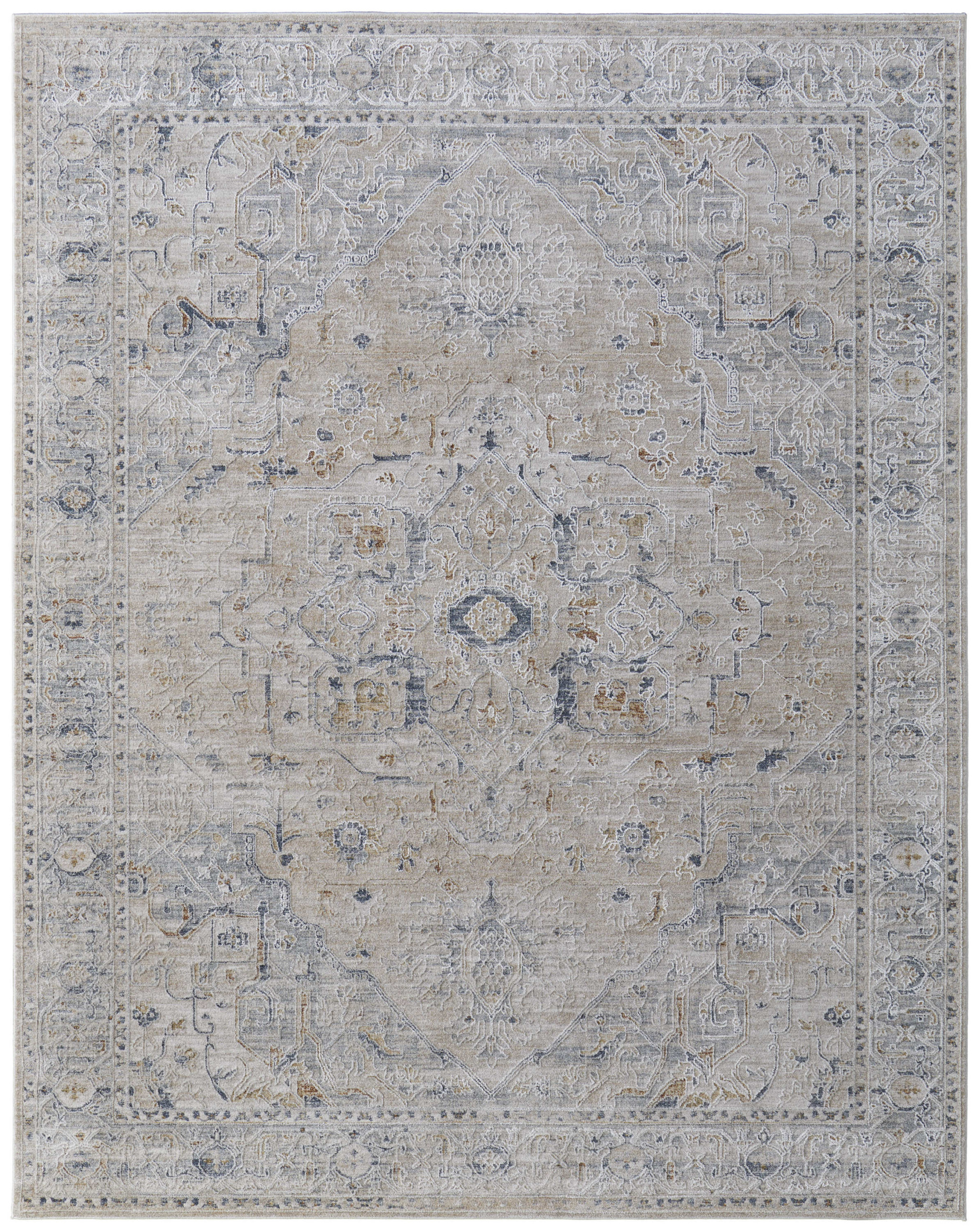 7" X 10" Ivory Taupe and Blue Oriental Power Loom Worn Faded Area Rug With Fringe
