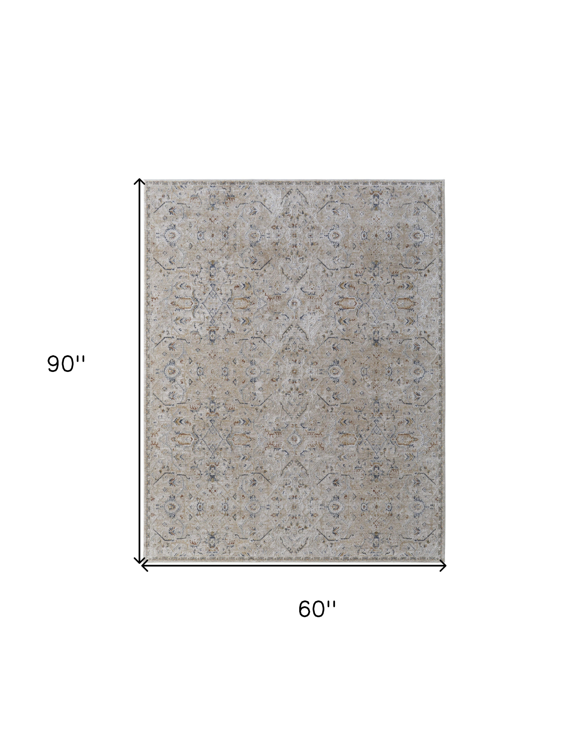 5" X 8" Ivory Taupe and Blue Abstract Power Loom Worn Faded Area Rug With Fringe