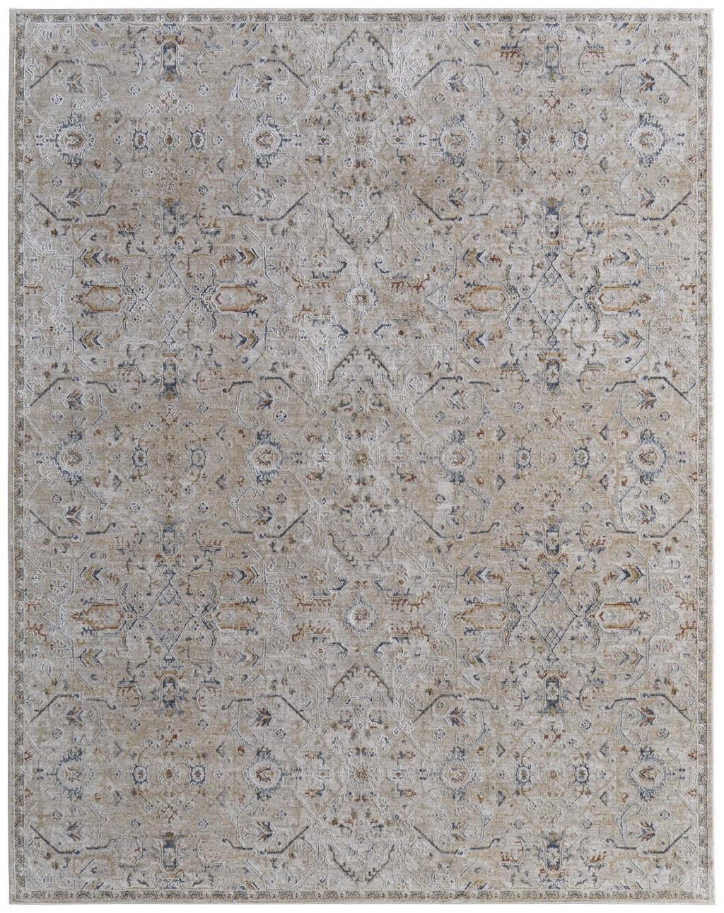 7" X 10" Ivory Taupe and Blue Abstract Power Loom Worn Faded Area Rug With Fringe