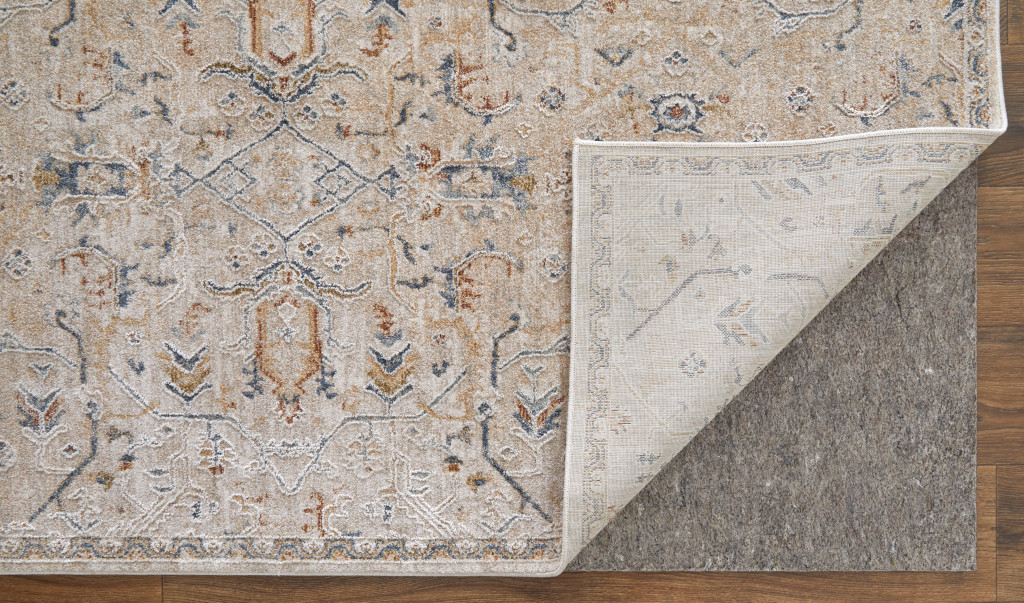 7" X 10" Ivory Taupe and Blue Abstract Power Loom Worn Faded Area Rug With Fringe