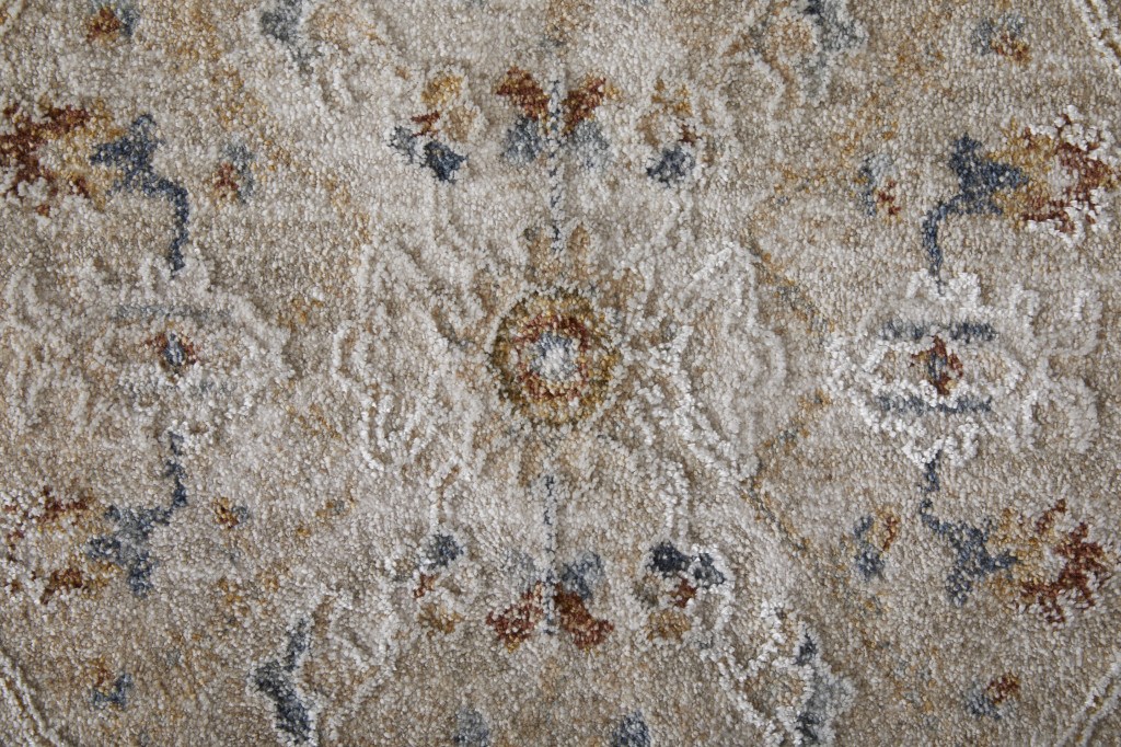 7" X 10" Ivory Taupe and Blue Abstract Power Loom Worn Faded Area Rug With Fringe