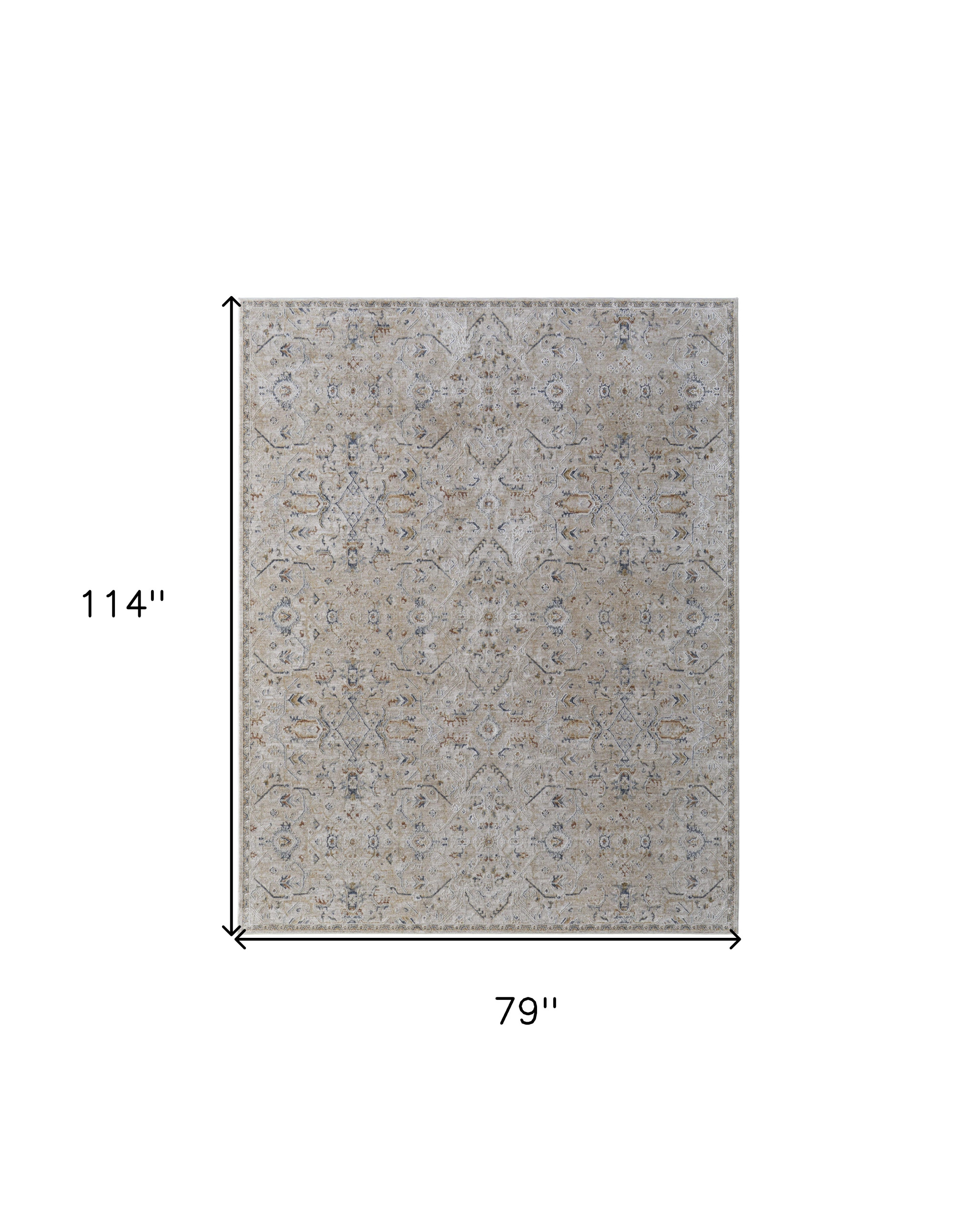 7" X 10" Ivory Taupe and Blue Abstract Power Loom Worn Faded Area Rug With Fringe