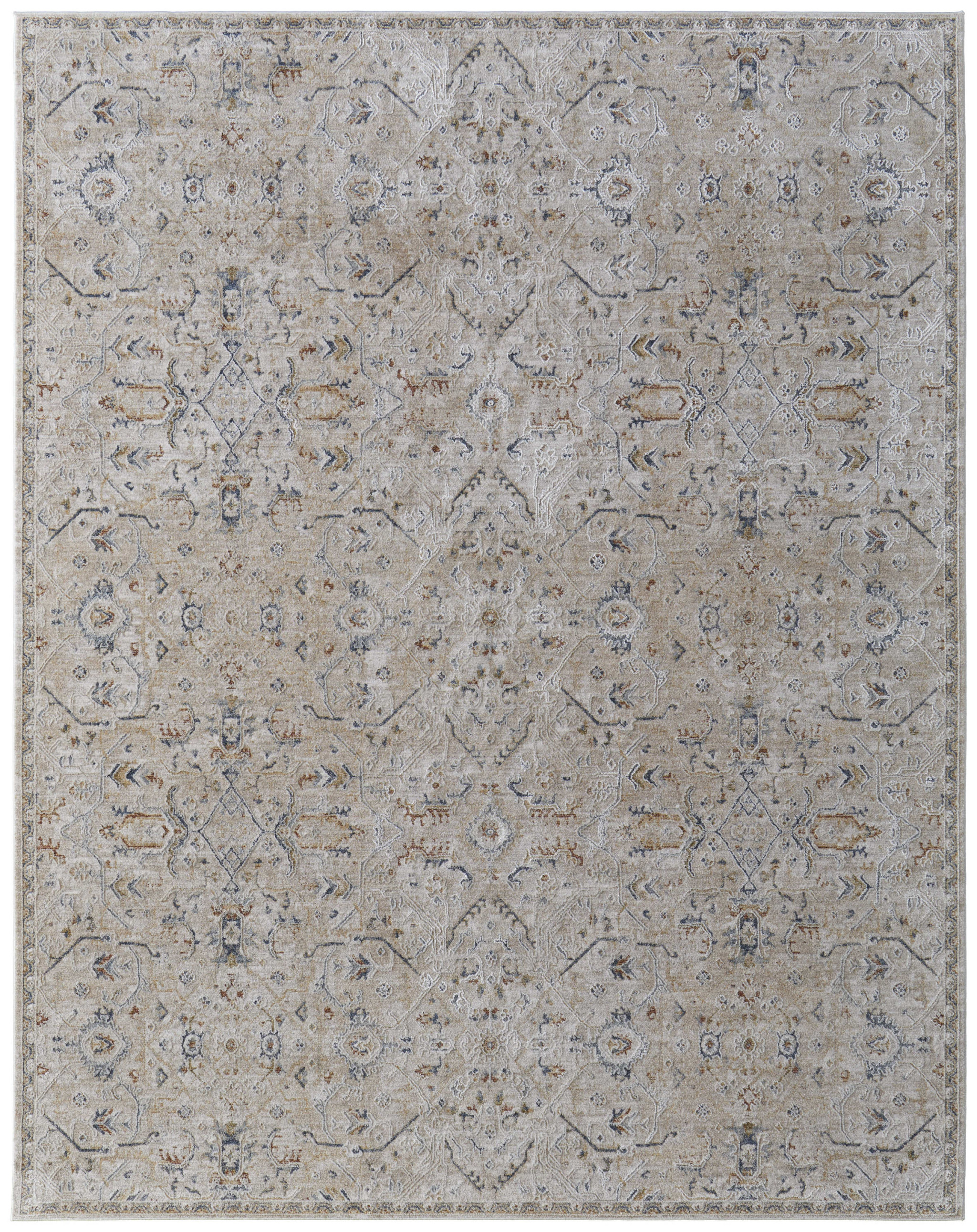 7" X 10" Ivory Taupe and Blue Abstract Power Loom Worn Faded Area Rug With Fringe