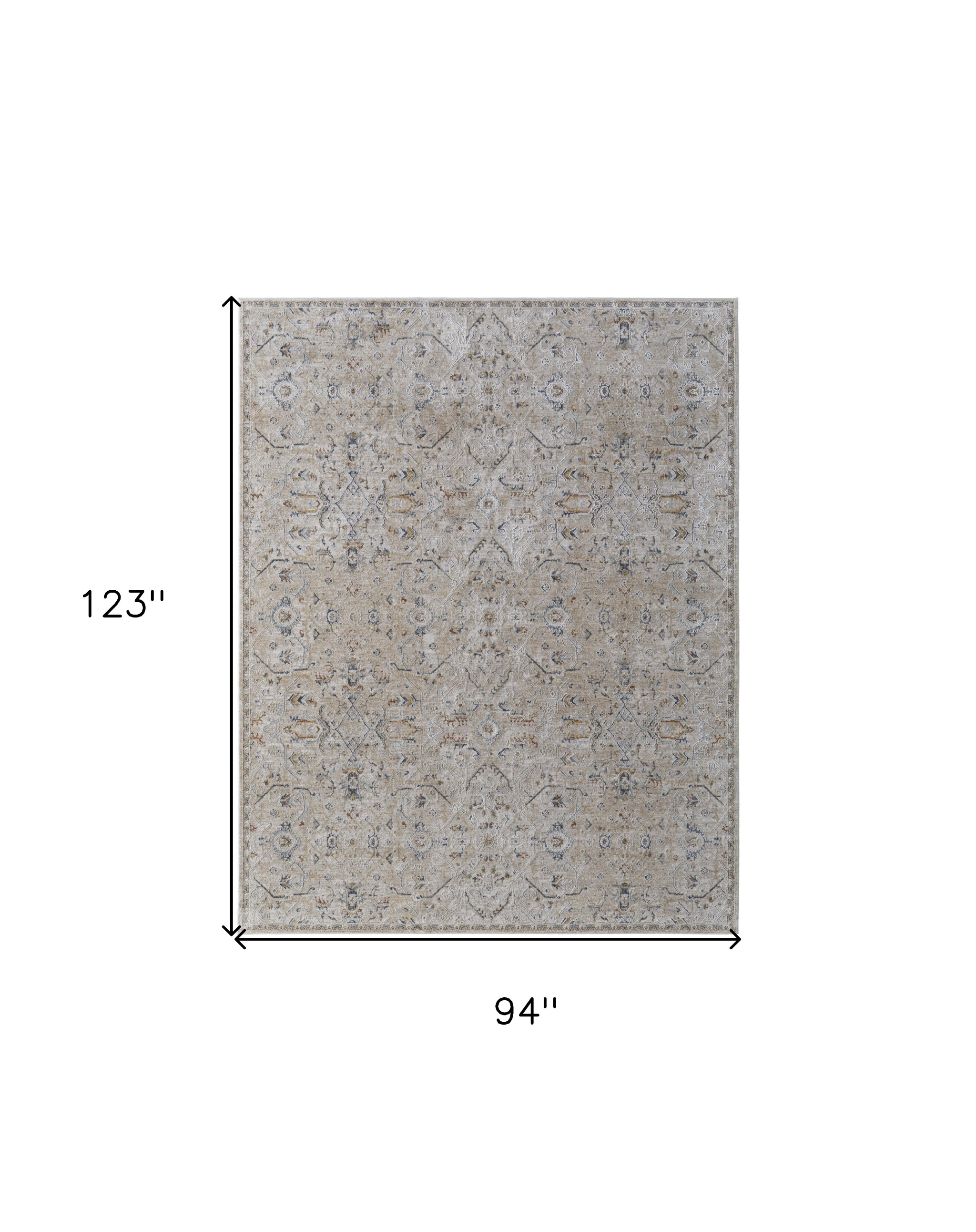8" X 10" Ivory Taupe and Blue Abstract Power Loom Worn Faded Area Rug With Fringe
