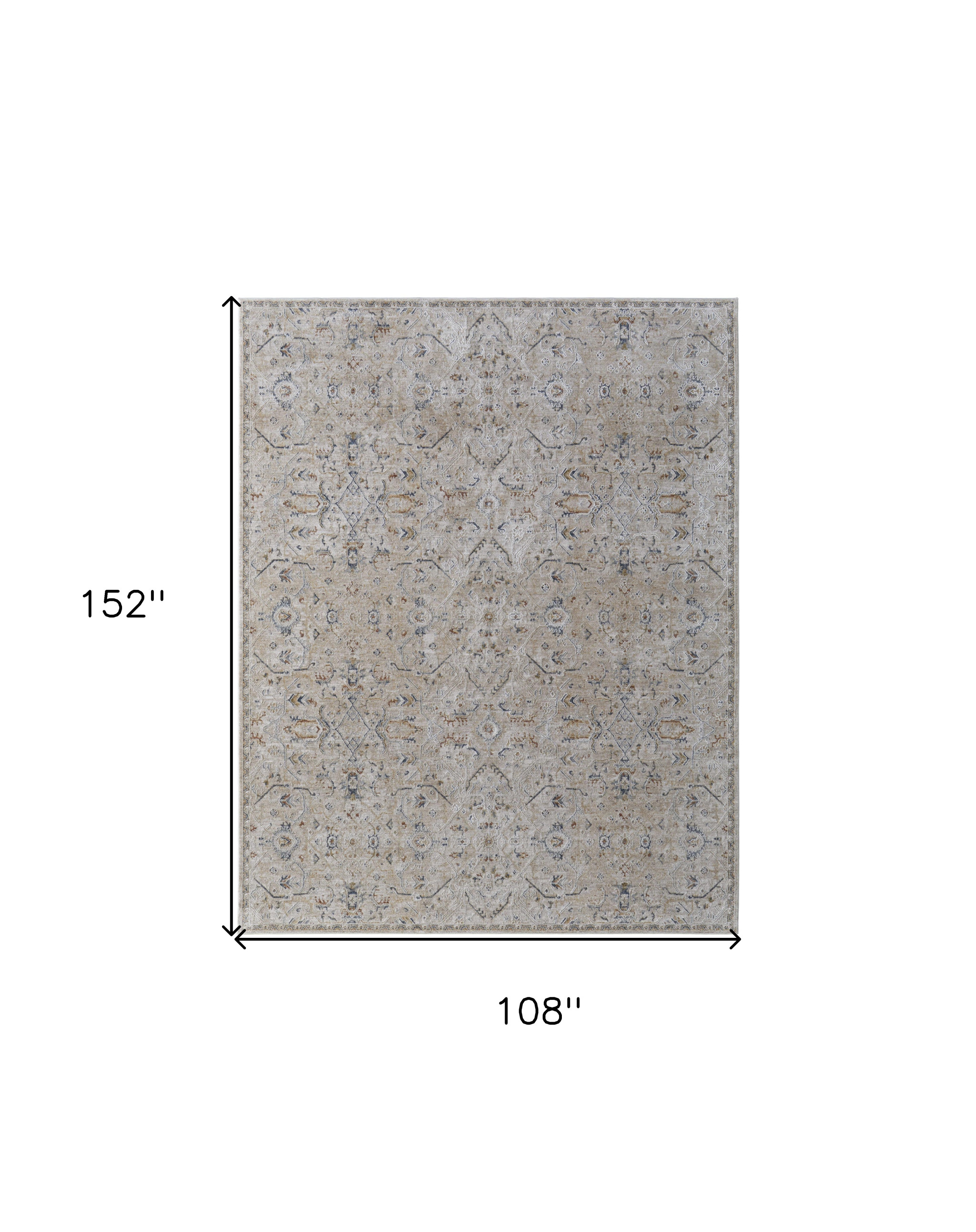 9" X 13" Ivory Taupe and Blue Abstract Power Loom Worn Faded Area Rug With Fringe