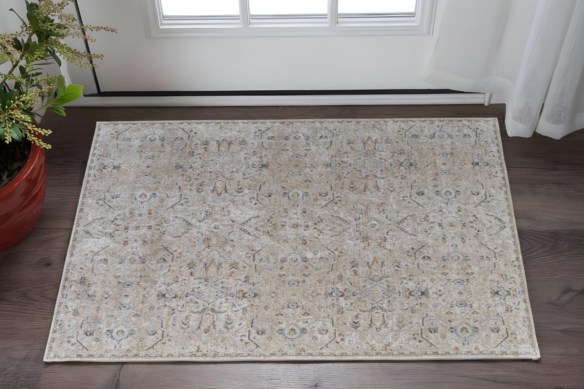 2" X 3" Ivory Taupe and Blue Abstract Power Loom Worn Faded Area Rug With Fringe