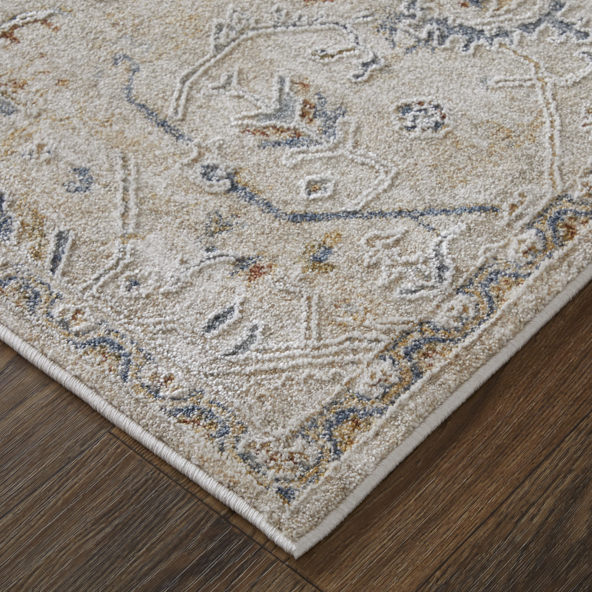 2" X 3" Ivory Taupe and Blue Abstract Power Loom Worn Faded Area Rug With Fringe