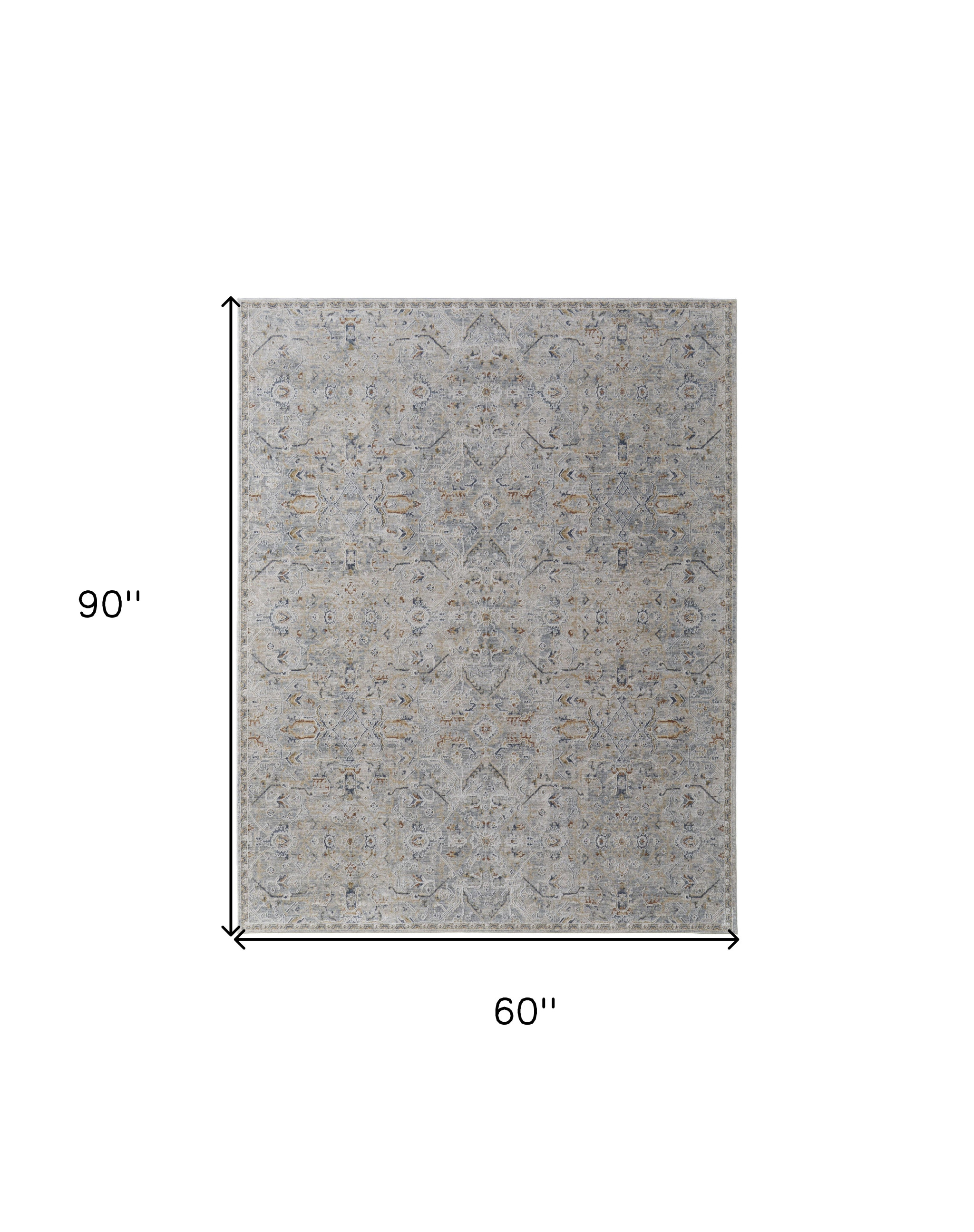 5" X 8" Ivory Tan and Blue Abstract Power Loom Worn Faded Area Rug With Fringe