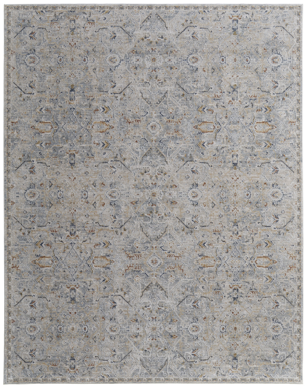 8" X 10" Ivory Tan and Blue Abstract Power Loom Worn Faded Area Rug With Fringe