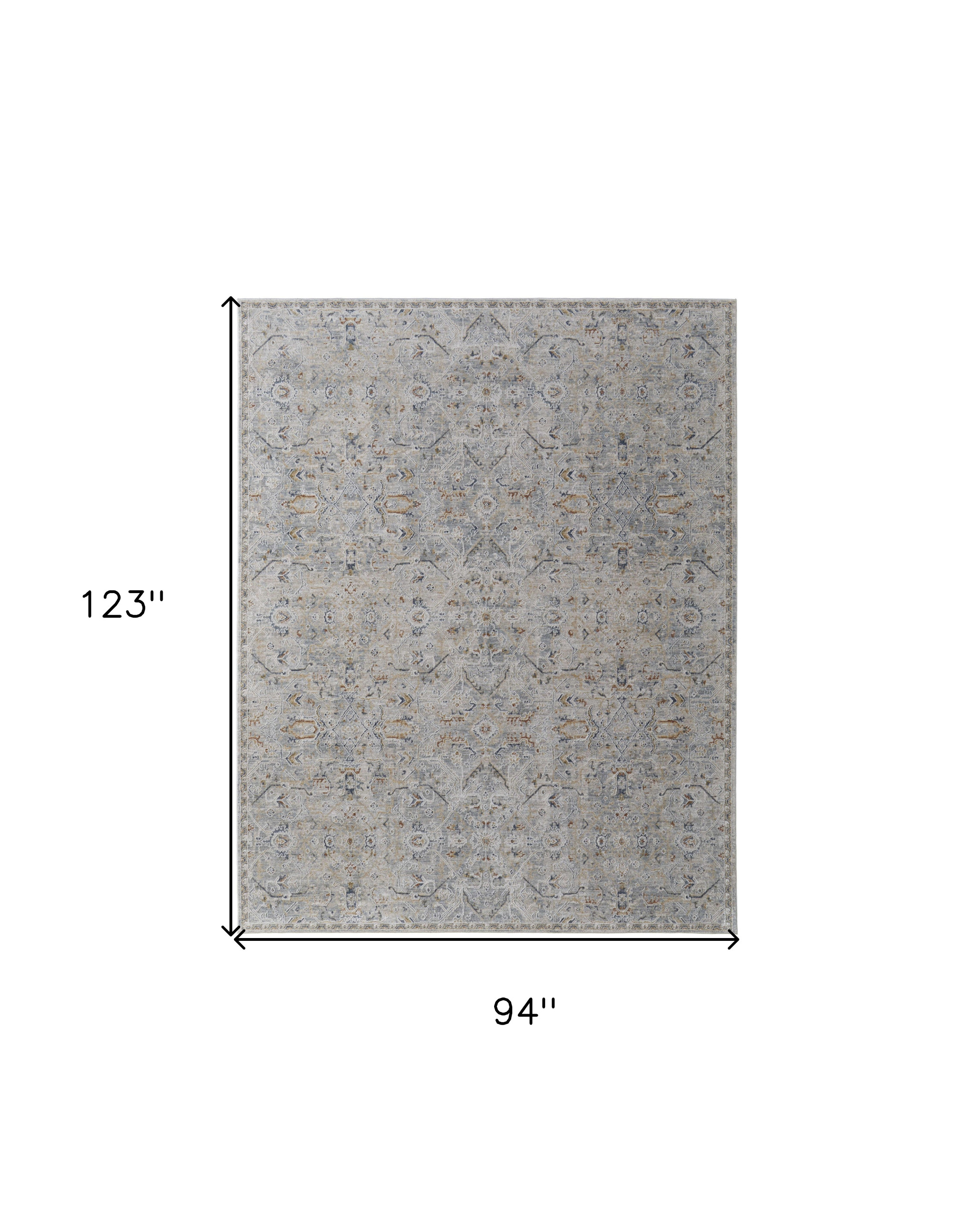 8" X 10" Ivory Tan and Blue Abstract Power Loom Worn Faded Area Rug With Fringe