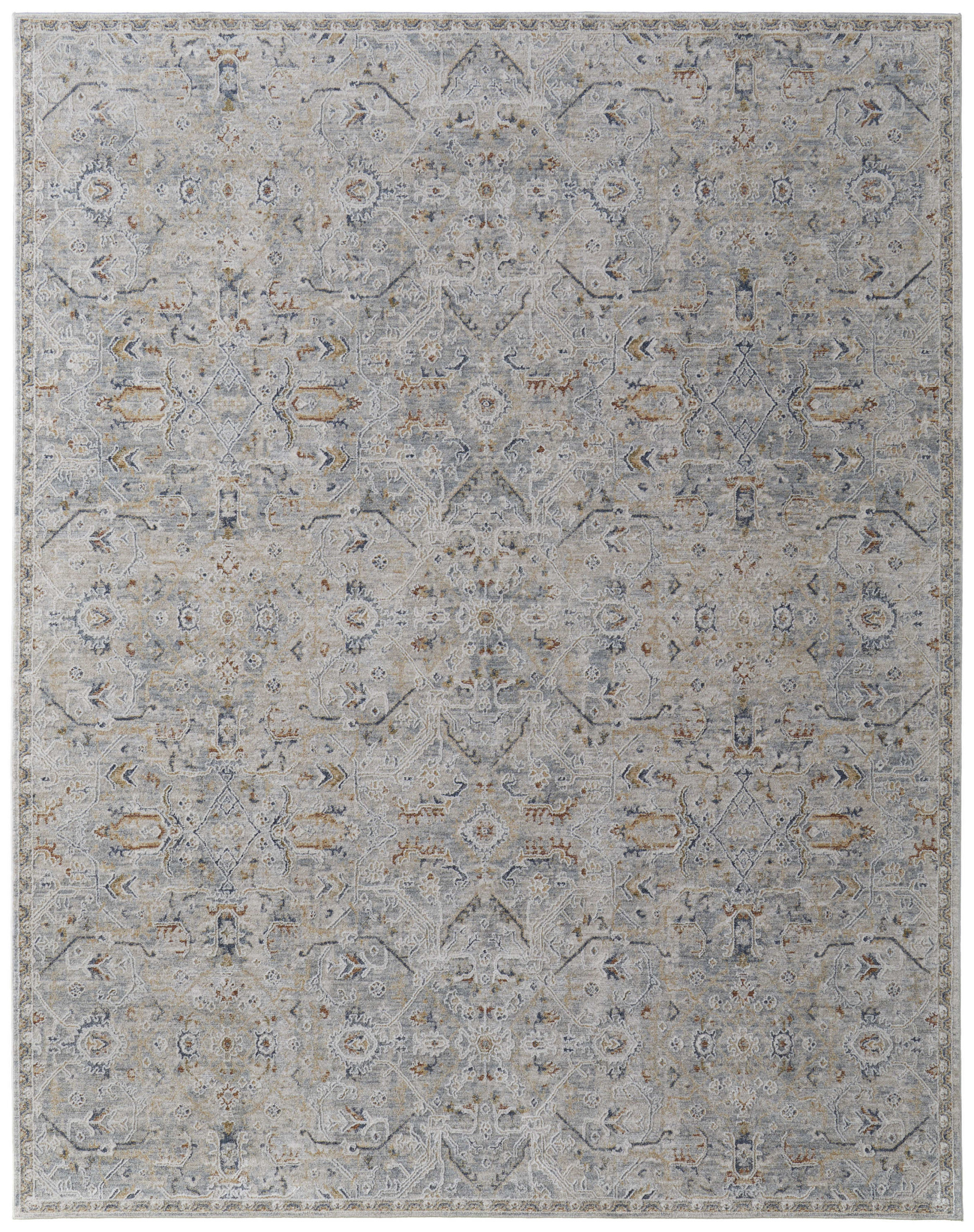 9" X 13" Ivory Tan and Blue Abstract Power Loom Worn Faded Area Rug With Fringe