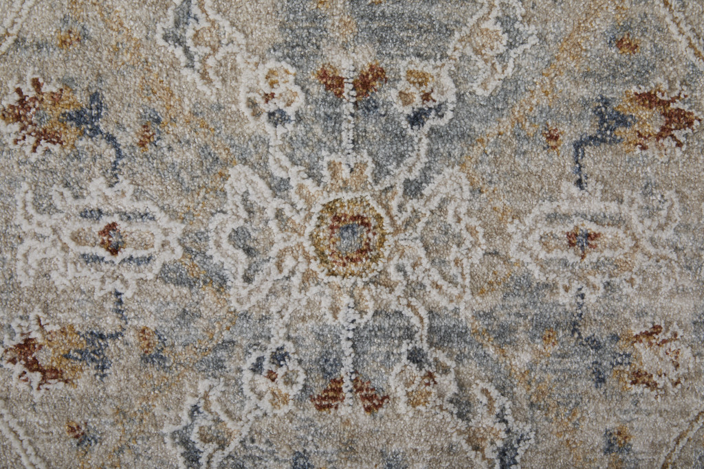 2" X 3" Ivory Tan and Blue Abstract Power Loom Worn Faded Area Rug With Fringe