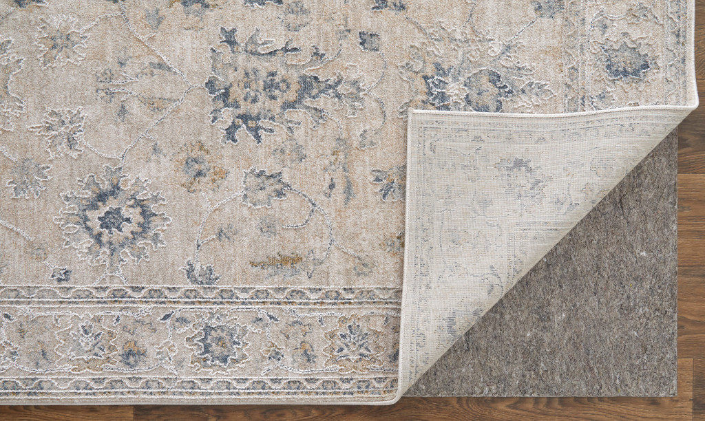8" X 10" Ivory Taupe and Blue Floral Power Loom Worn Faded Area Rug With Fringe
