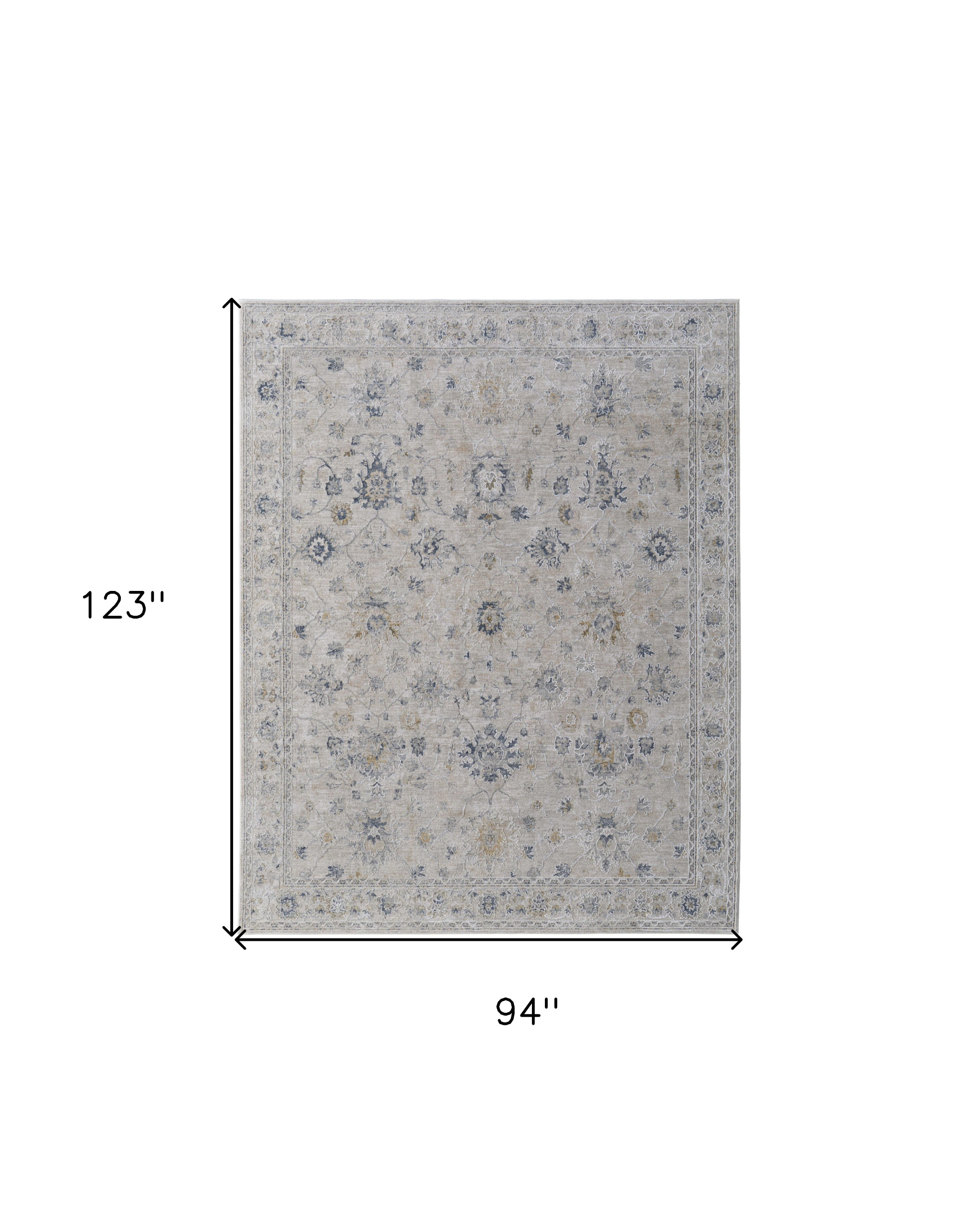8" X 10" Ivory Taupe and Blue Floral Power Loom Worn Faded Area Rug With Fringe