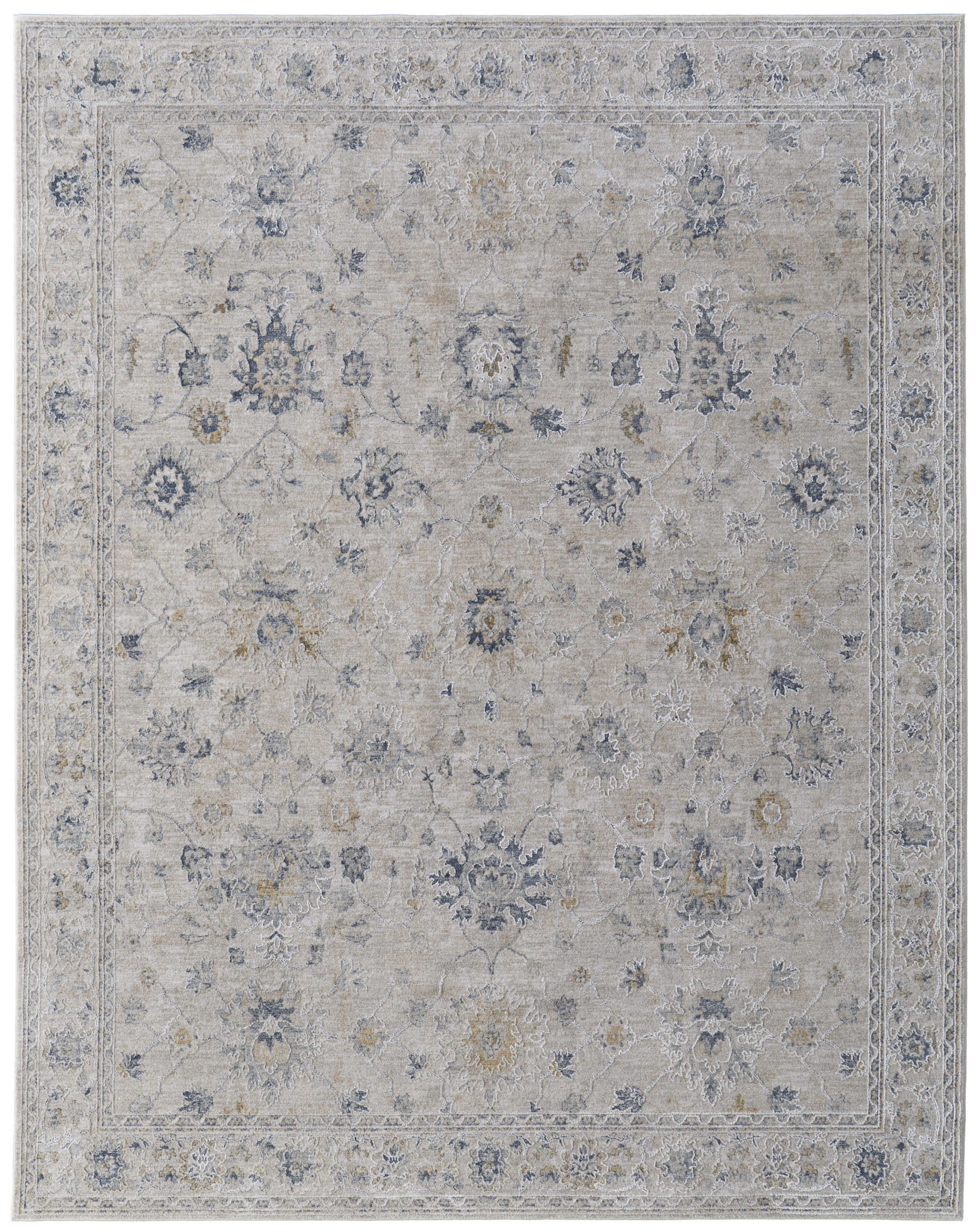 8" X 10" Ivory Taupe and Blue Floral Power Loom Worn Faded Area Rug With Fringe