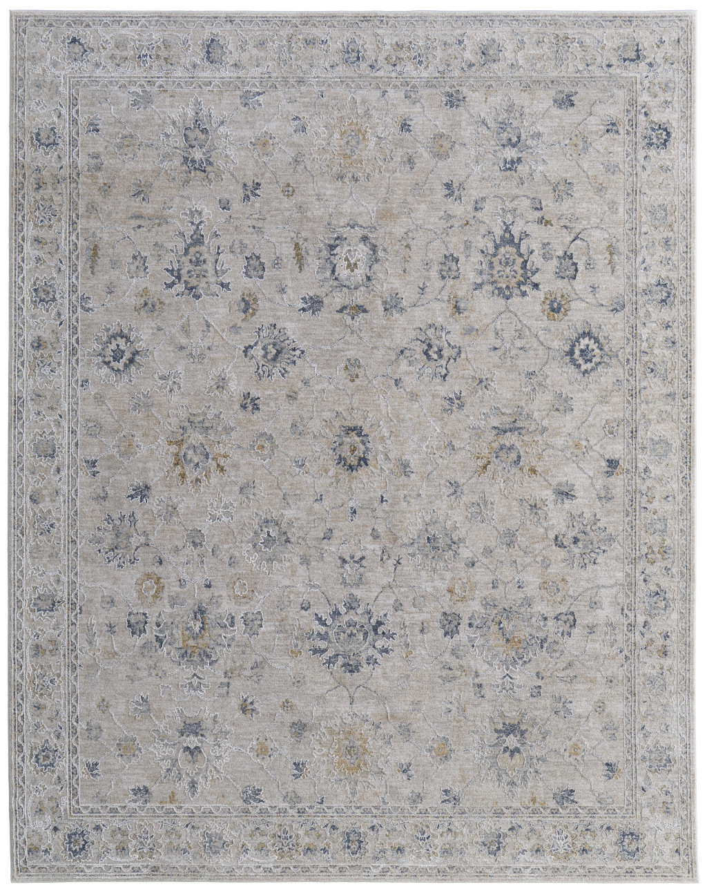 9" X 13" Ivory Taupe and Blue Floral Power Loom Worn Faded Area Rug With Fringe